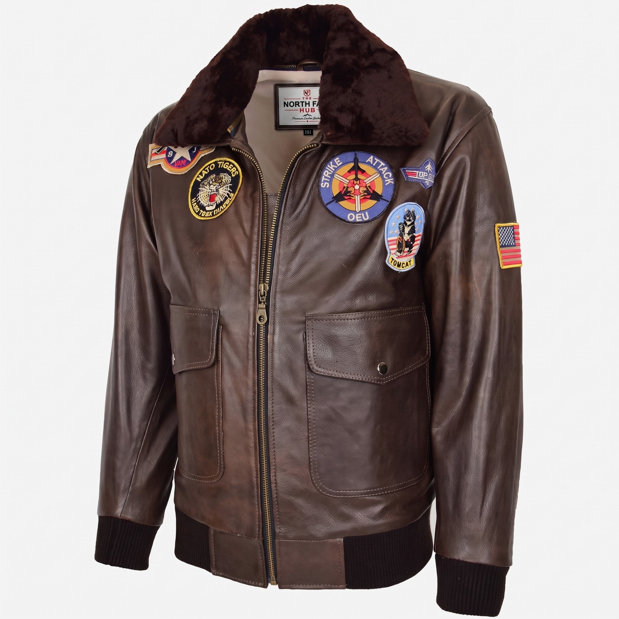 Mens Bomber Leather Jacket Air Force Style Lester Zenith Brown