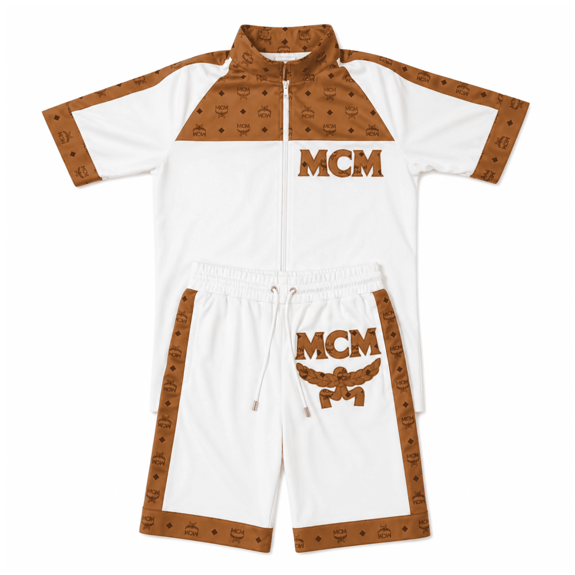 MCM Style Short Sleeve Leather Tracksuit White Brown Matching Shorts Set