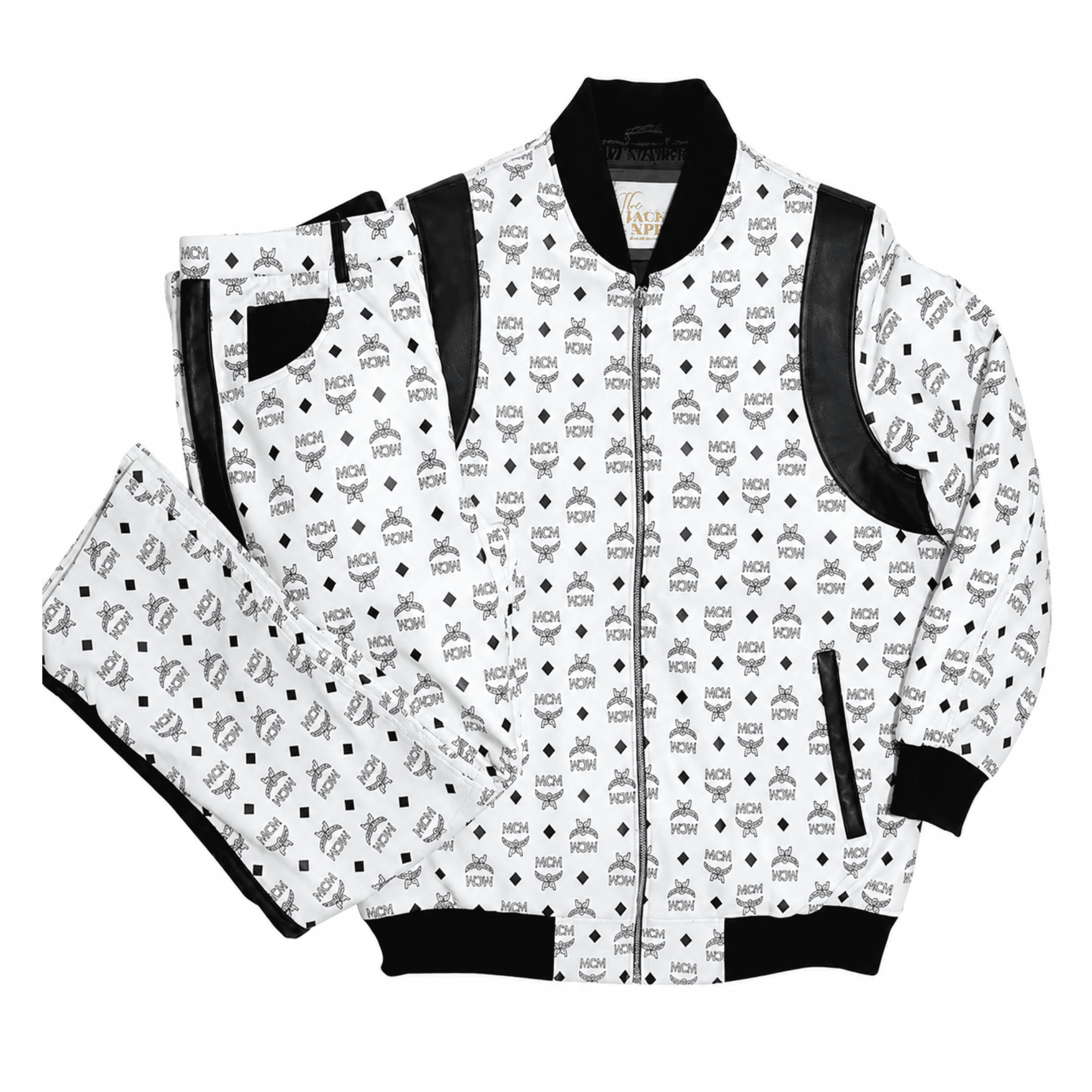 MCM Inspired Real Leather Tracksuit Black White Signature Outfit with Leather Hat