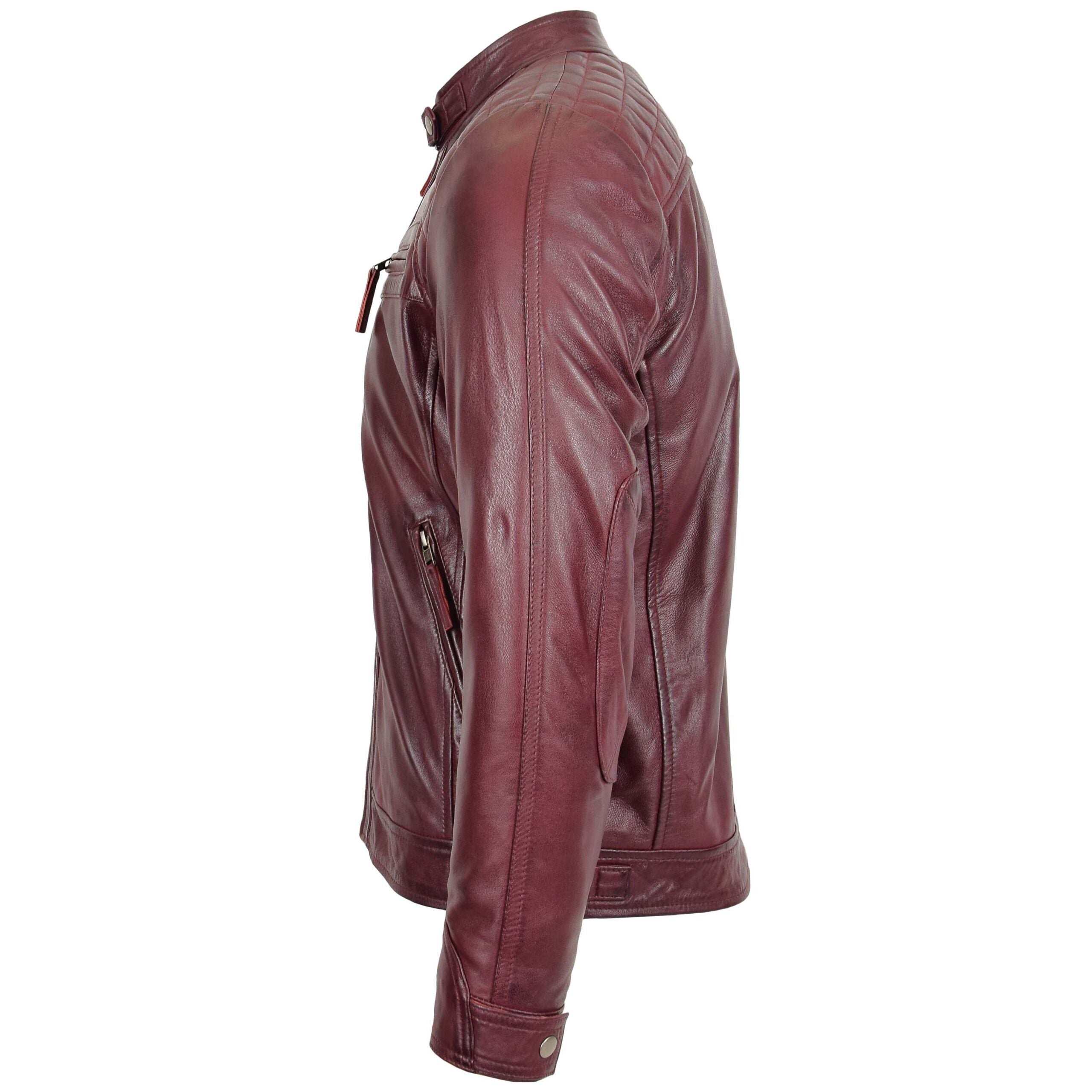 Mens Biker Leather Jacket Standing Collar Infinite Burgundy