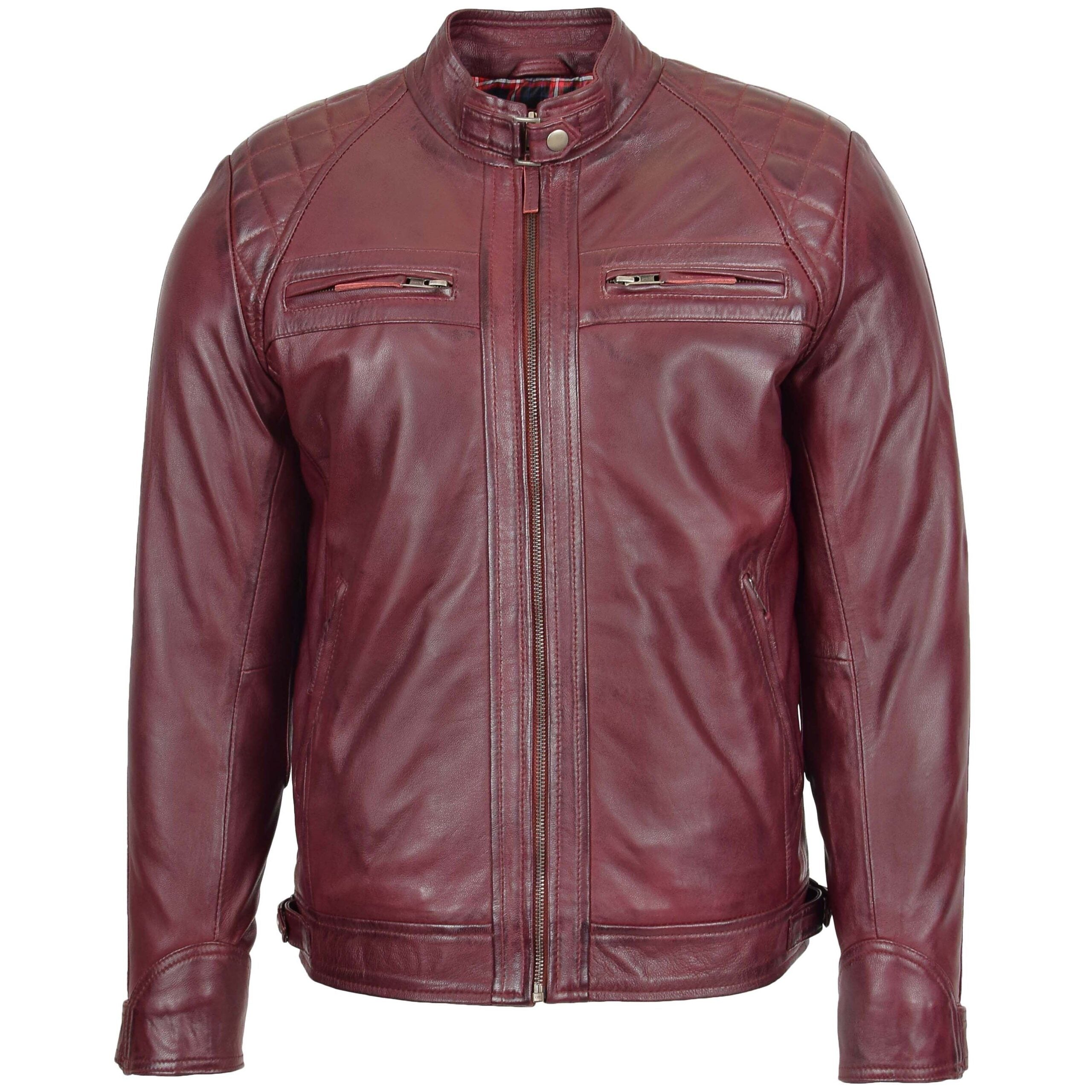 Mens Biker Leather Jacket Standing Collar Infinite Burgundy