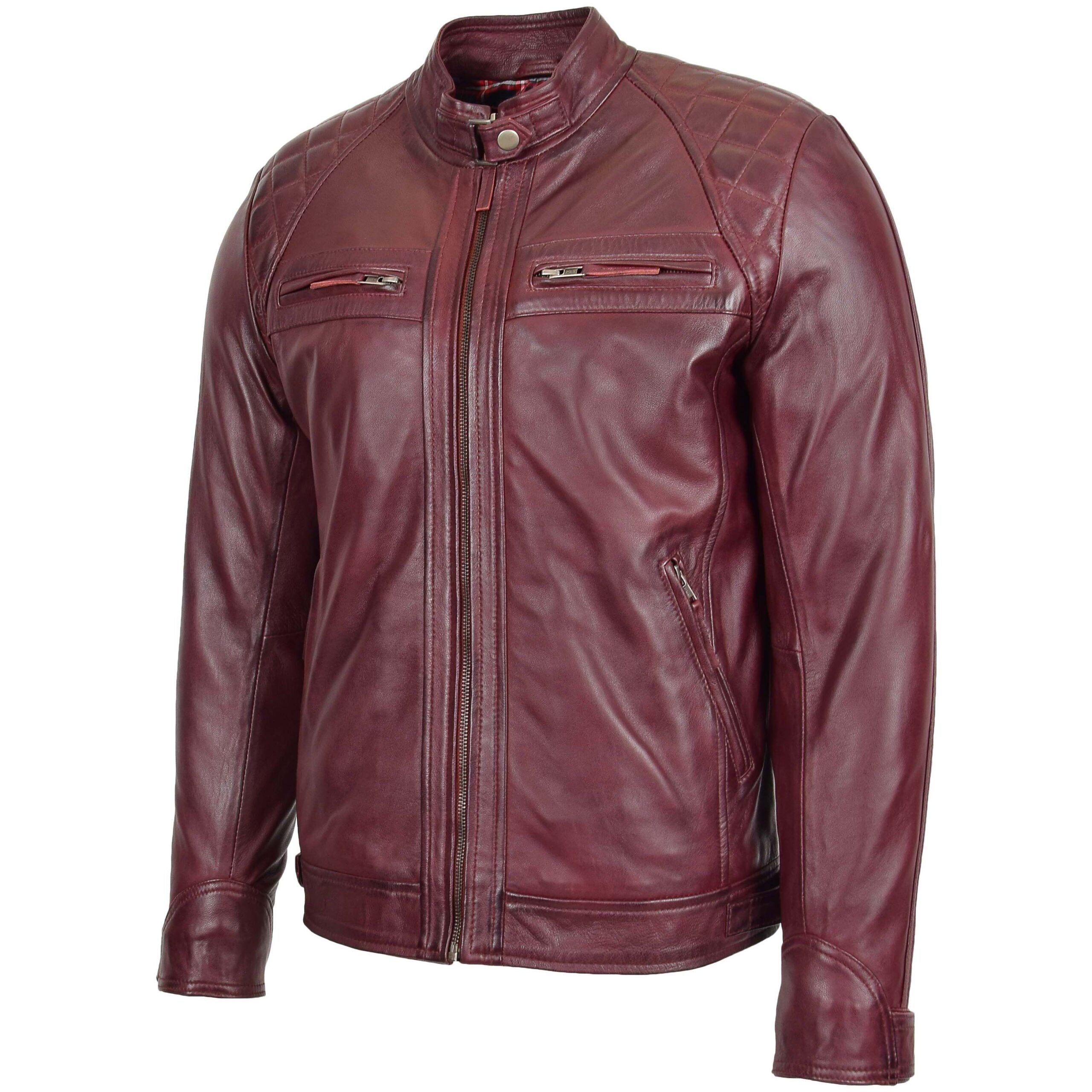 Mens Biker Leather Jacket Standing Collar Infinite Burgundy