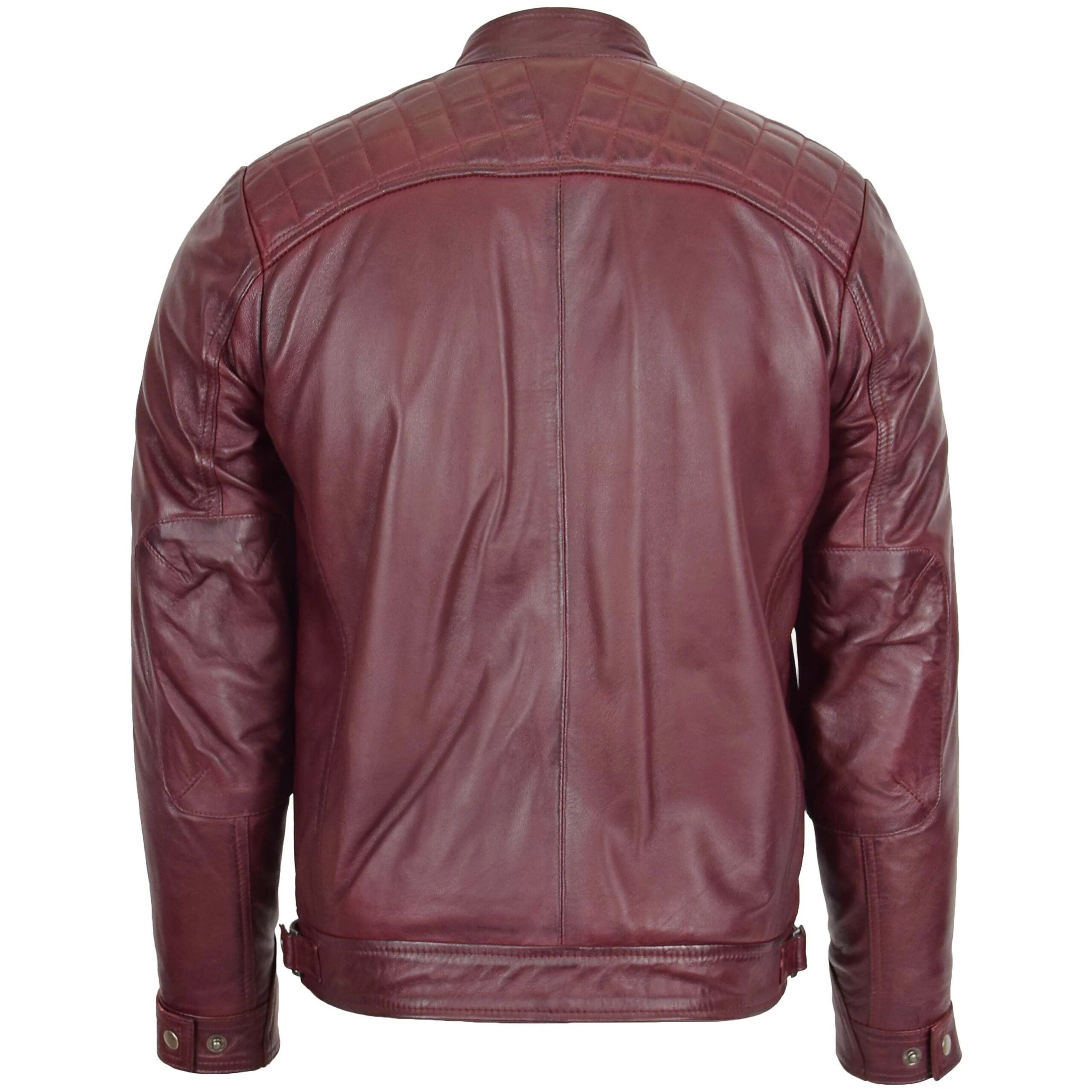 Mens Biker Leather Jacket Standing Collar Infinite Burgundy