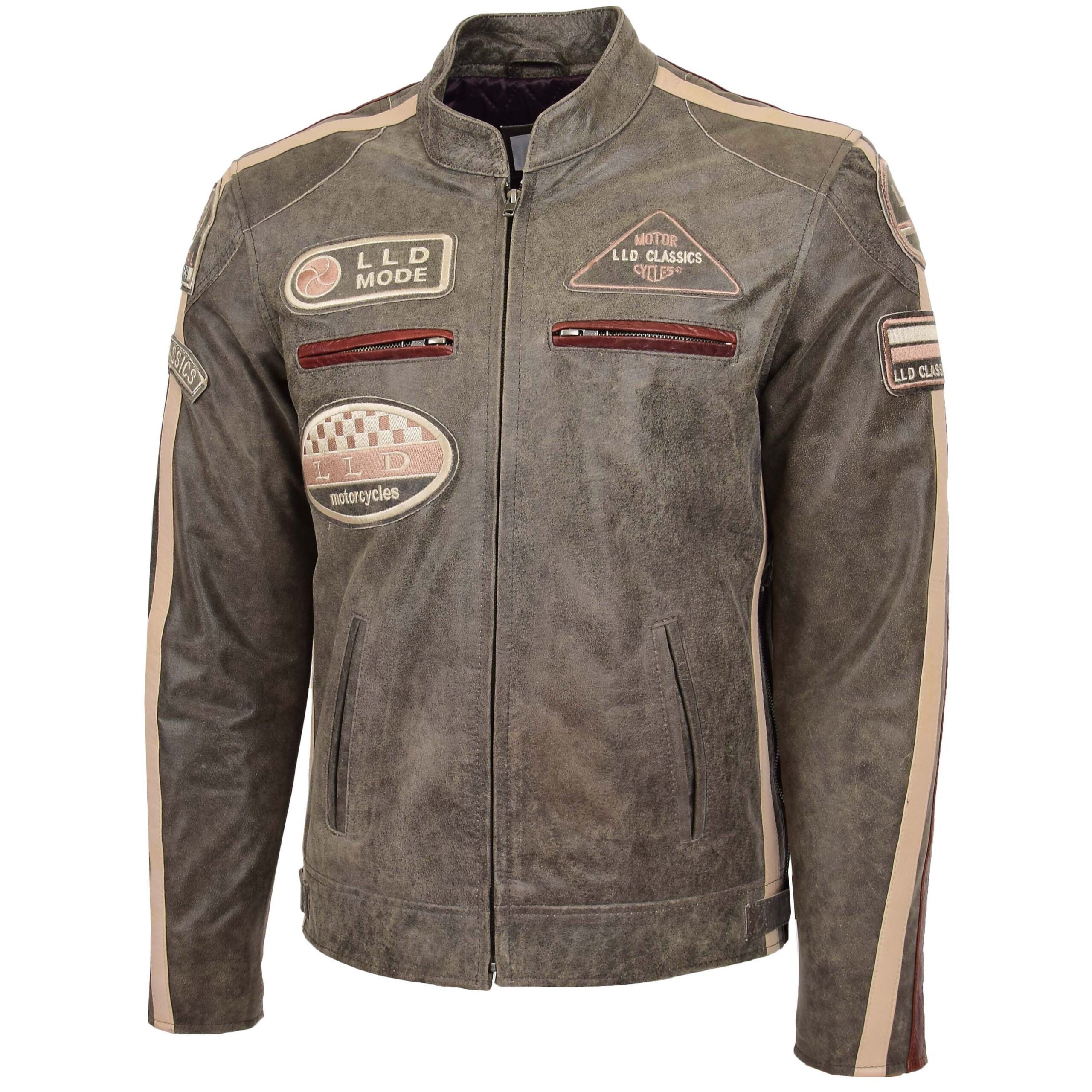Mens Biker Leather Jacket with Badges Zenith Brown