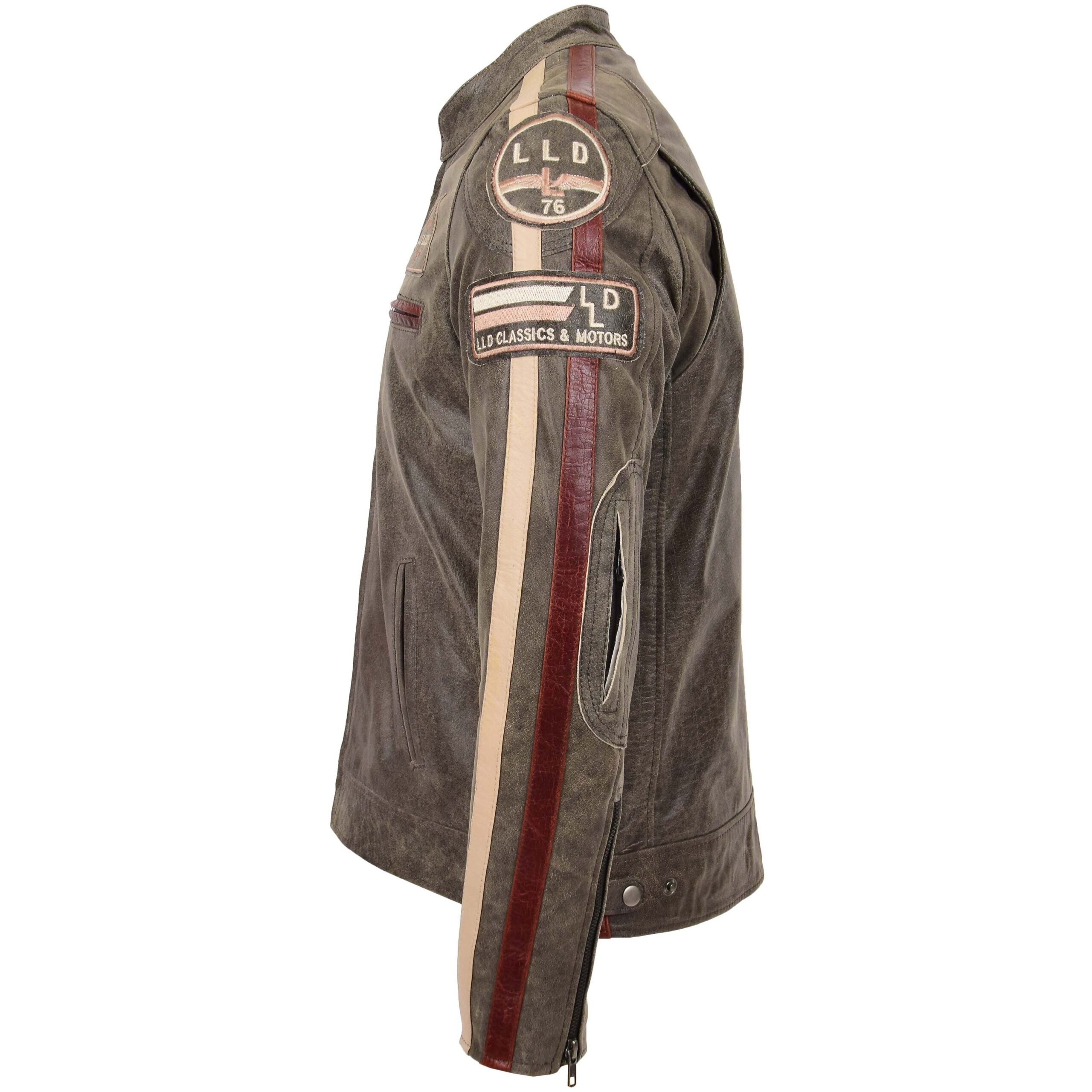 Mens Biker Leather Jacket with Badges Zenith Brown