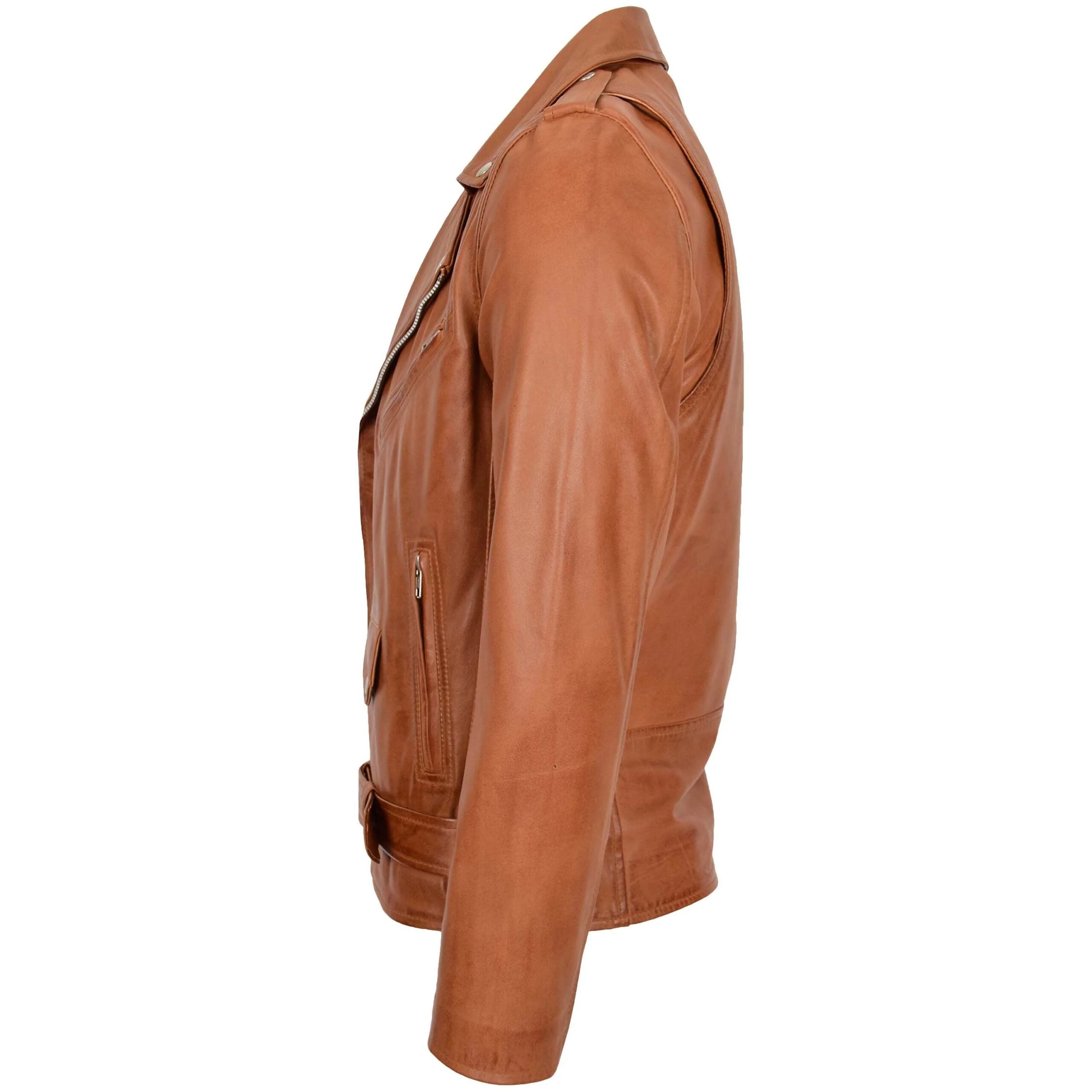 Mens Leather Biker Jacket Brando Style Johnny Dynamo Tan