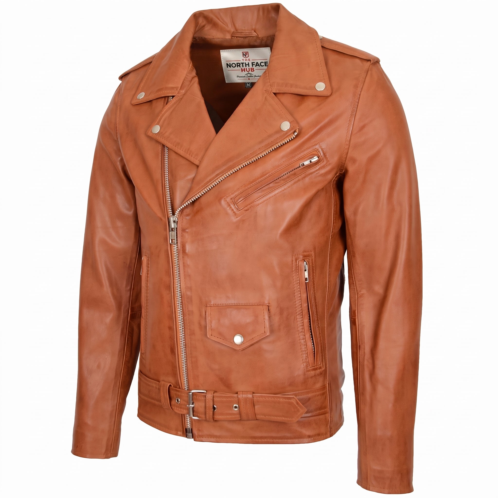 Mens Leather Biker Jacket Brando Style Johnny Dynamo Tan