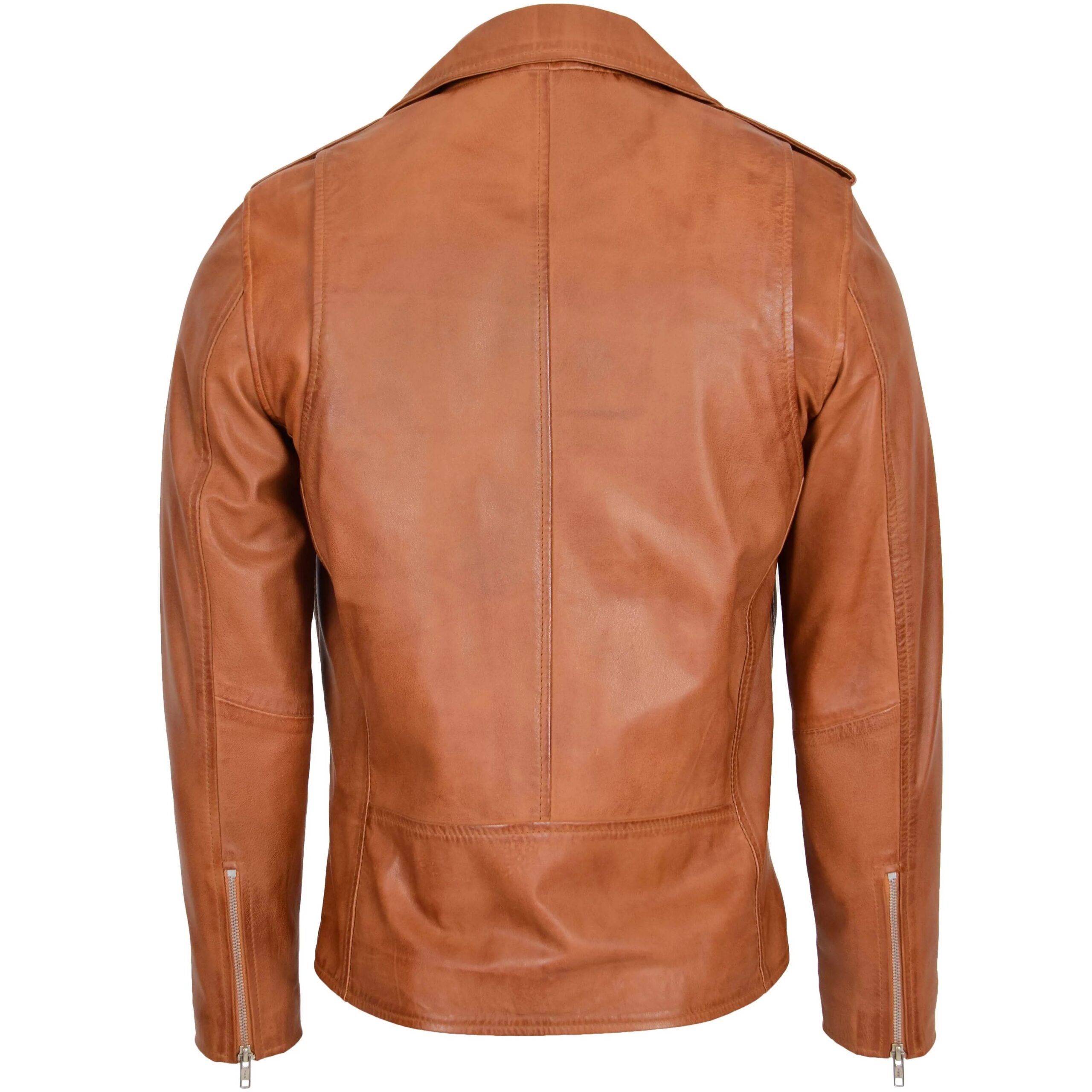 Mens Leather Biker Jacket Brando Style Johnny Dynamo Tan