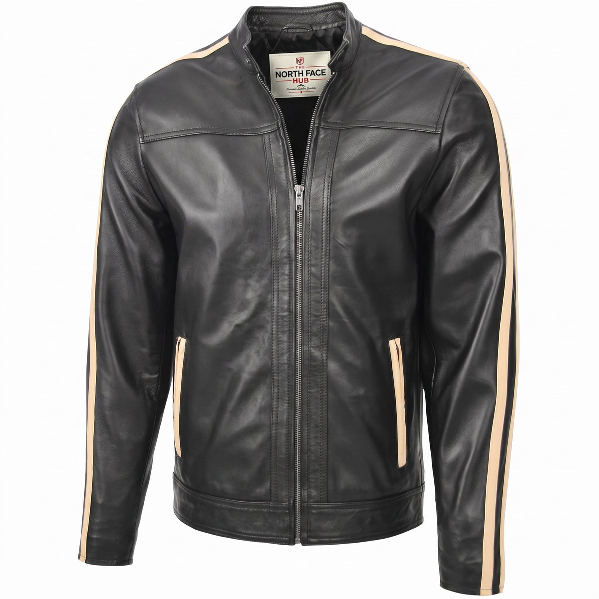 Mens Leather Biker Jacket with Racing Stripes Clyde Black