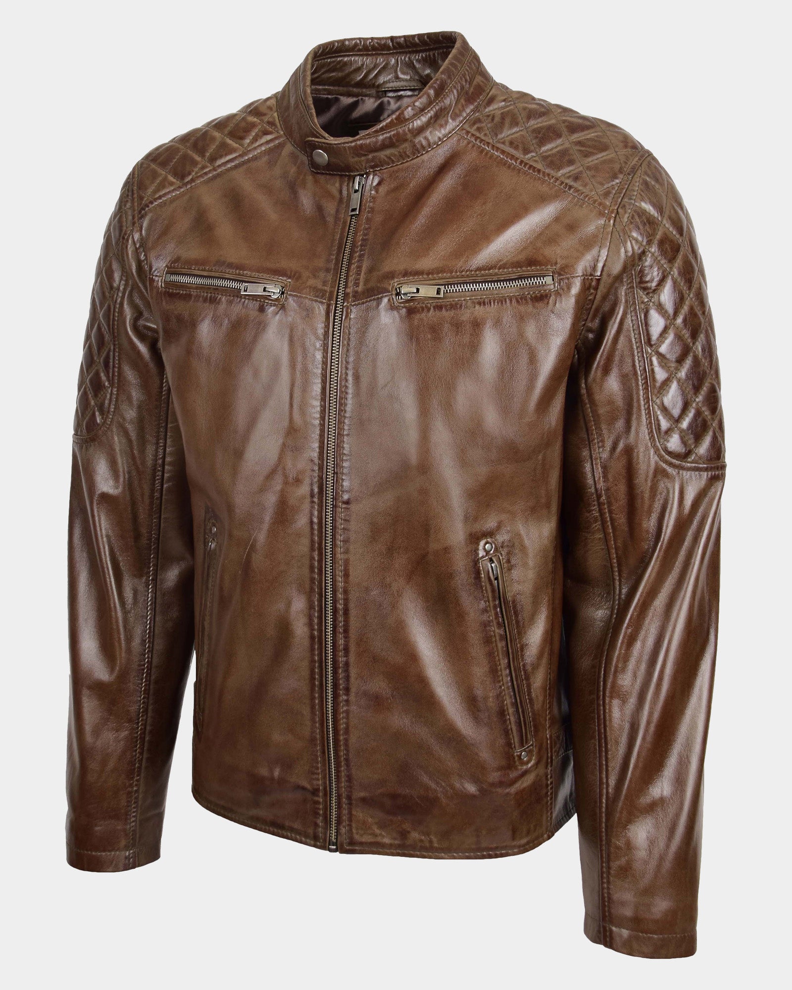Mens Leather Biker Style Jacket with Quilt Detail Fusion Timber