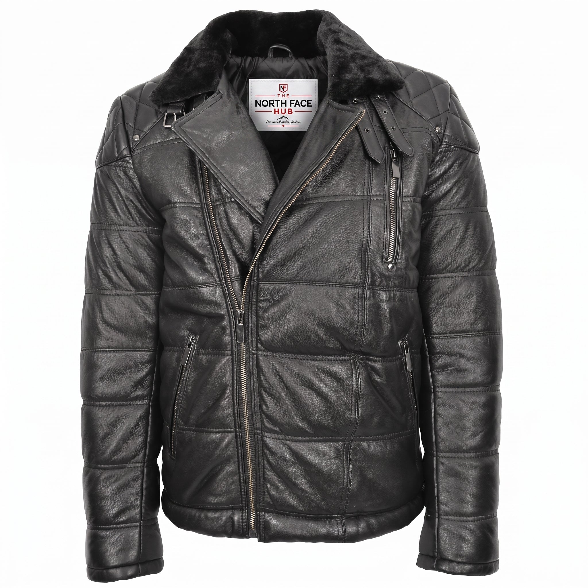 Mens Leather Biker Style Puffer Jacket Ronnie Nova Black