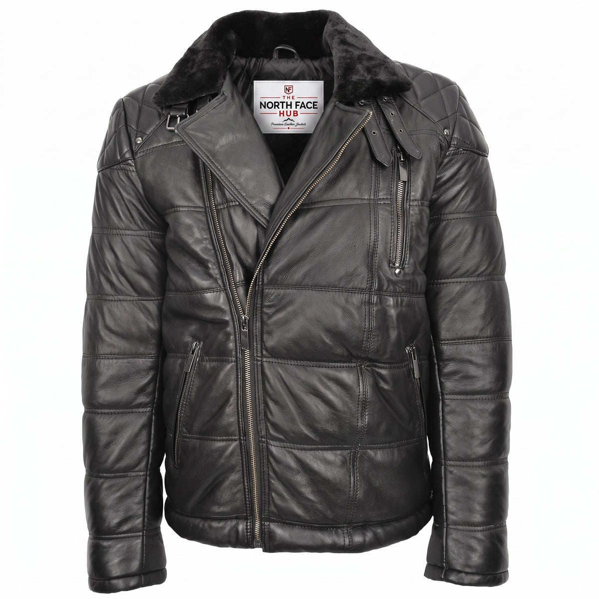 Mens Leather Biker Style Puffer Jacket Ronnie Nova Black