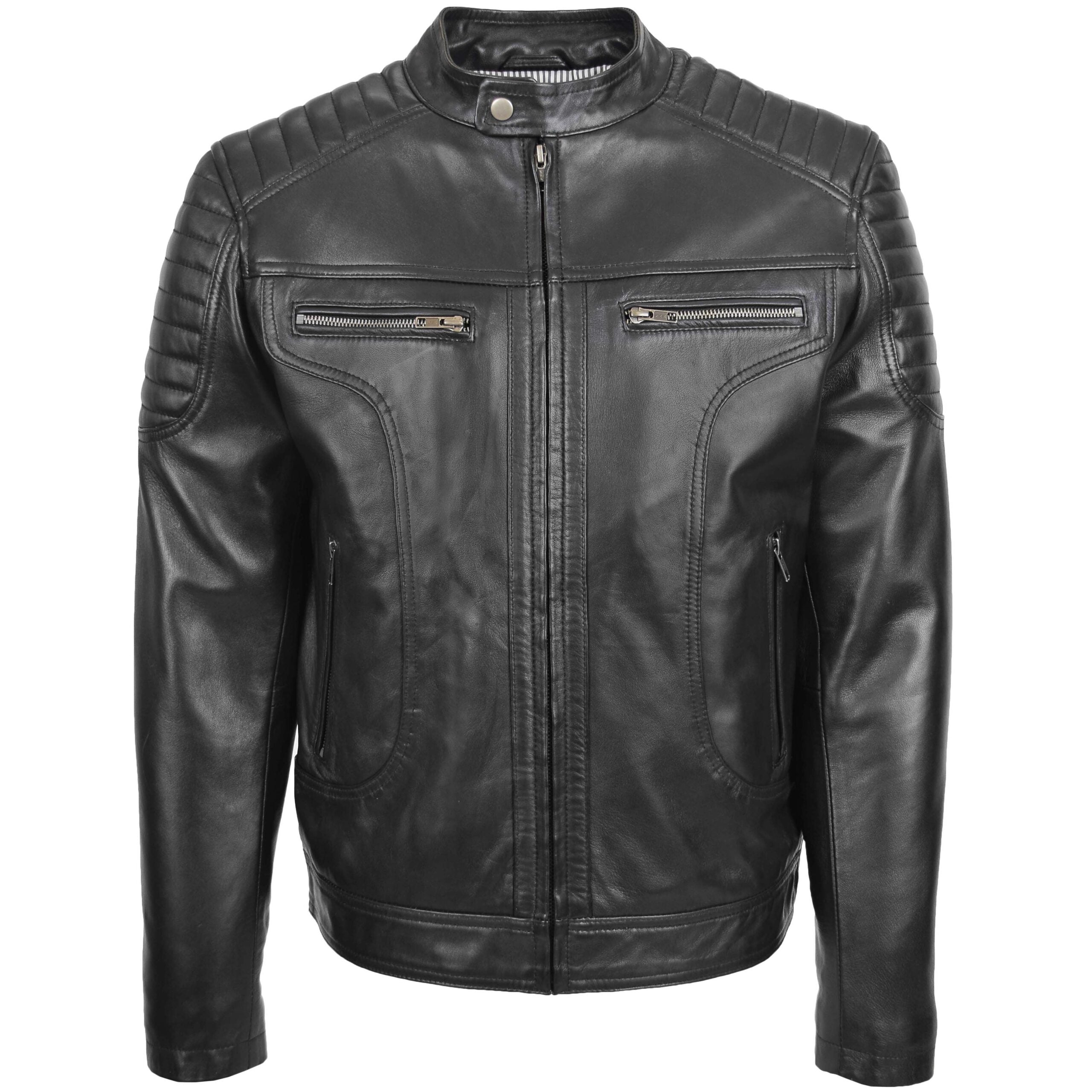 Mens Leather Biker Style Zip Jacket Eddie Essence Nova Black