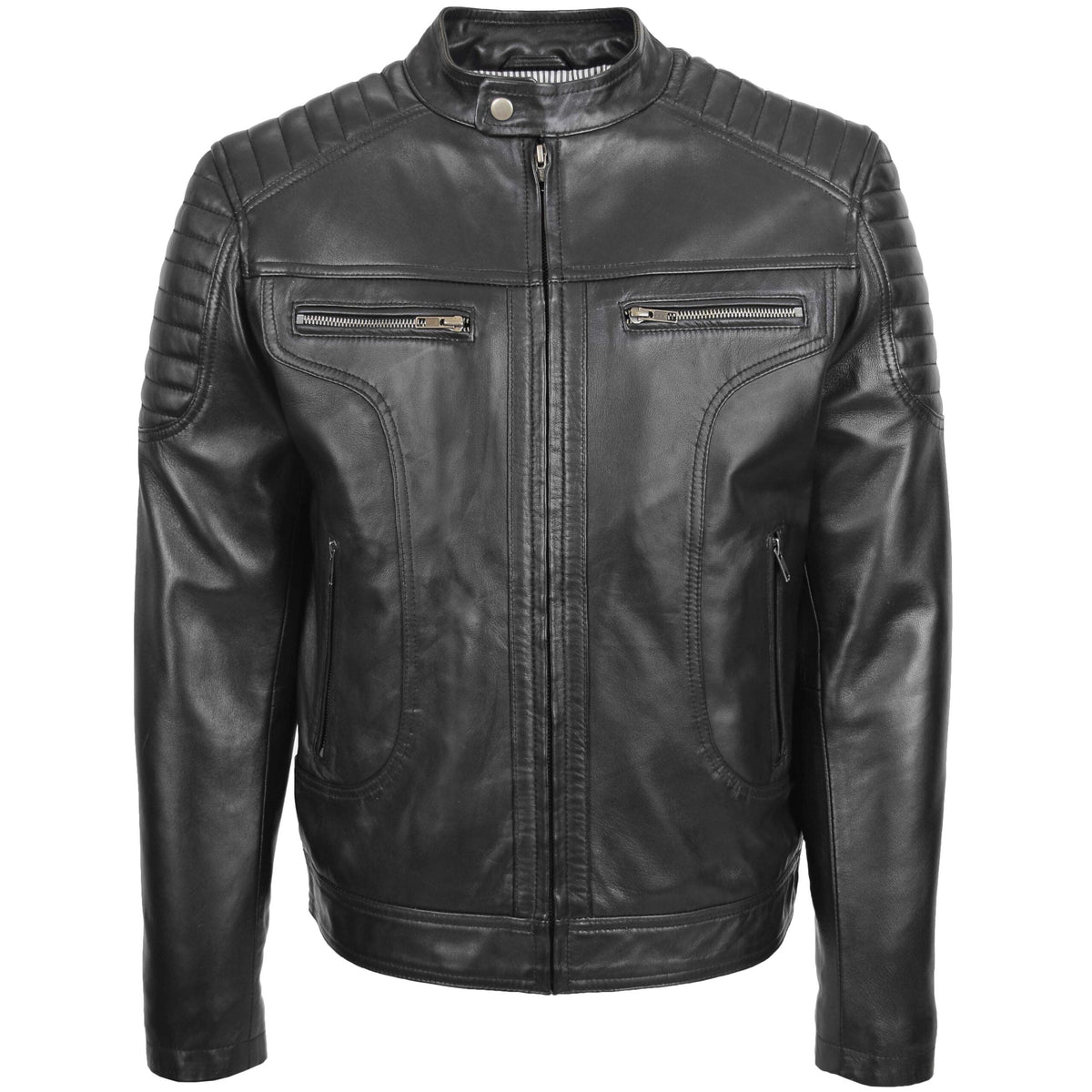 Mens Leather Biker Style Zip Jacket Eddie Essence Nova Black