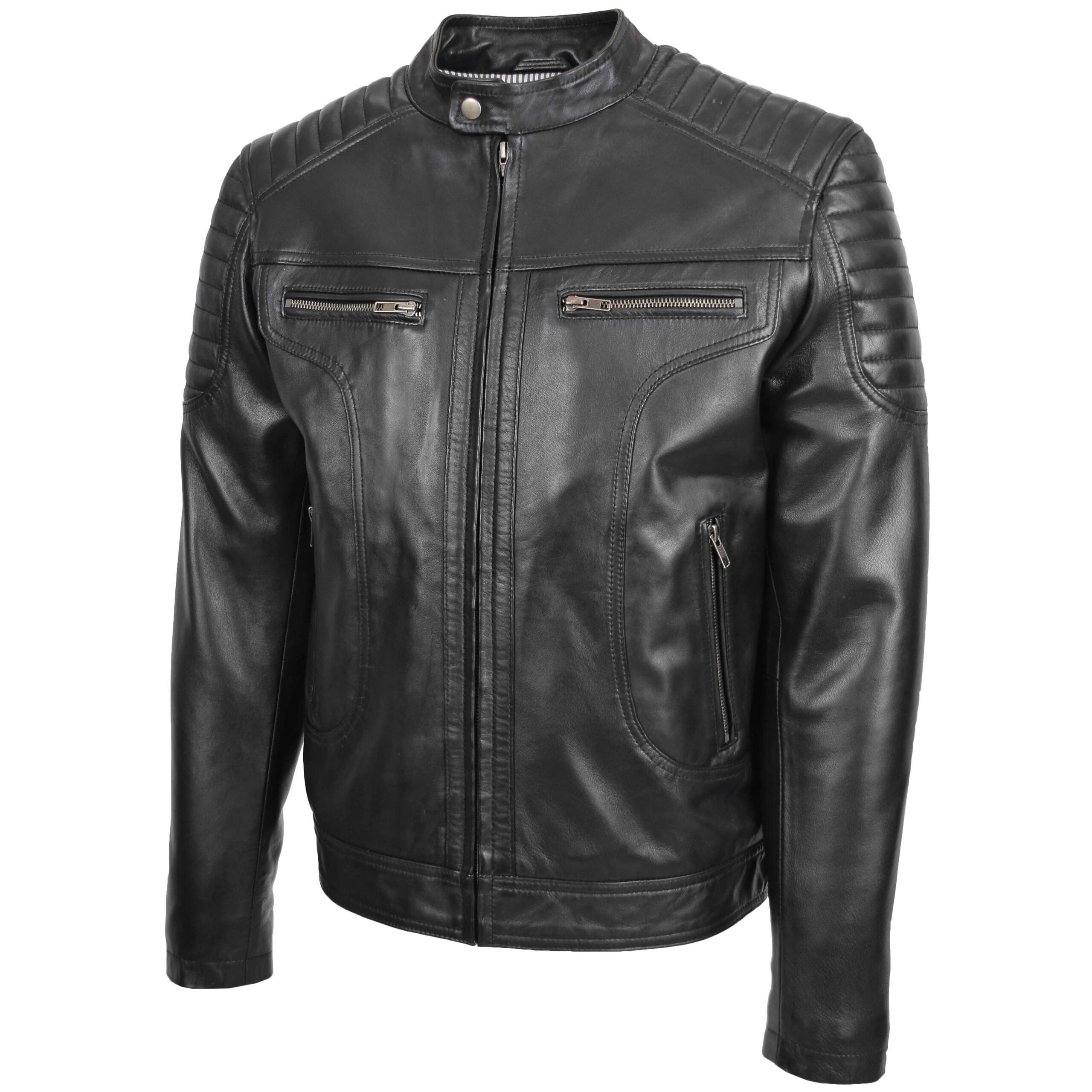 Mens Leather Biker Style Zip Jacket Eddie Essence Nova Black