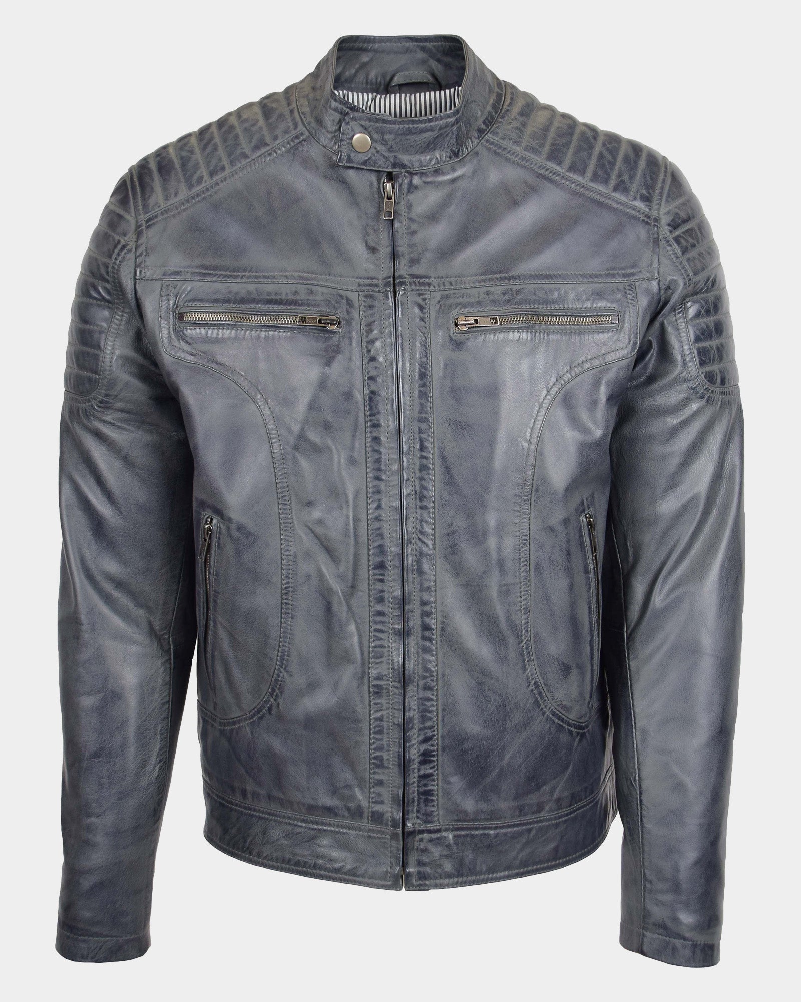 Mens Leather Biker Style Zip Jacket Eddie Essence Grey Two Tone