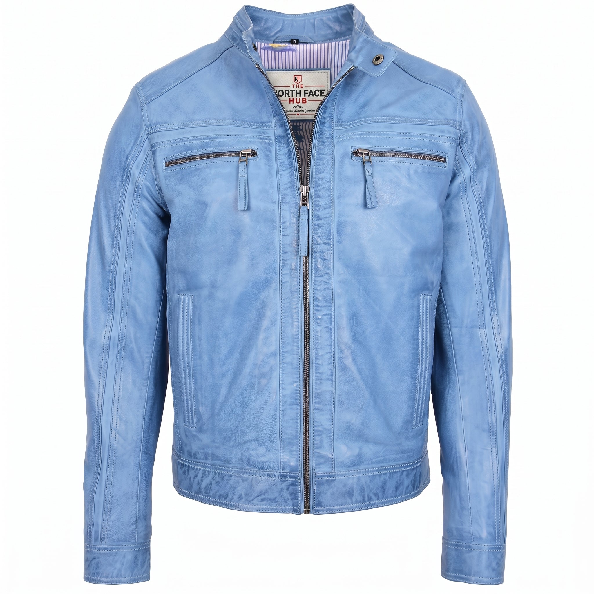 Mens Leather Cafe Racer Biker Jacket Charlie Horizon Sky Blue