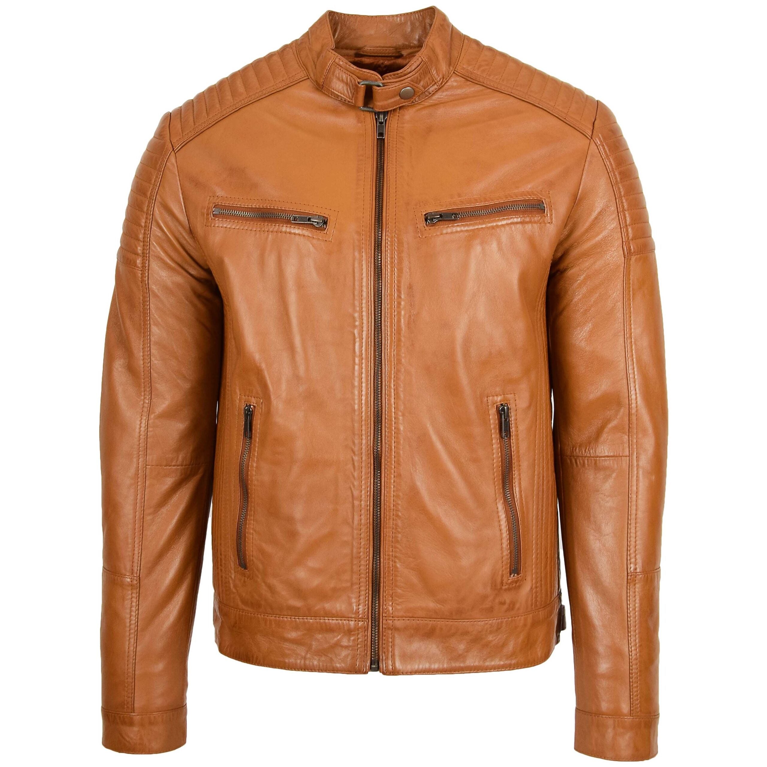 Mens Leather Cafe Racer Biker Jacket Dynamo Tan