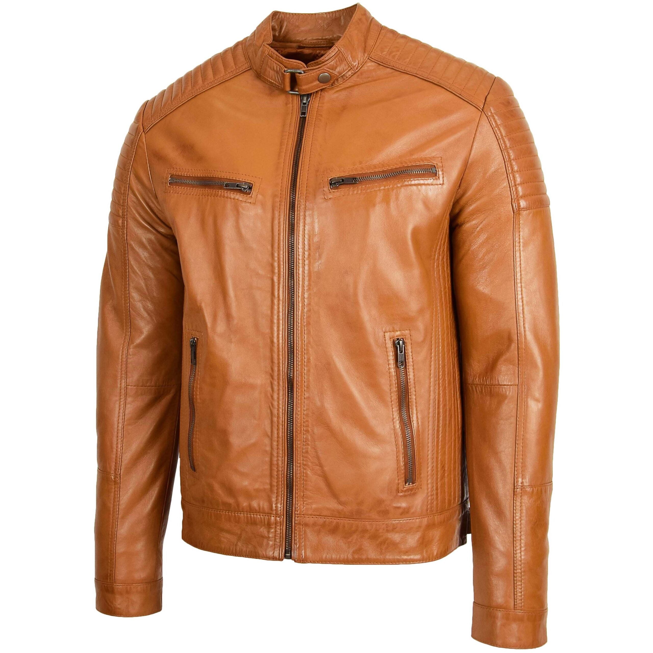 Mens Leather Cafe Racer Biker Jacket Dynamo Tan
