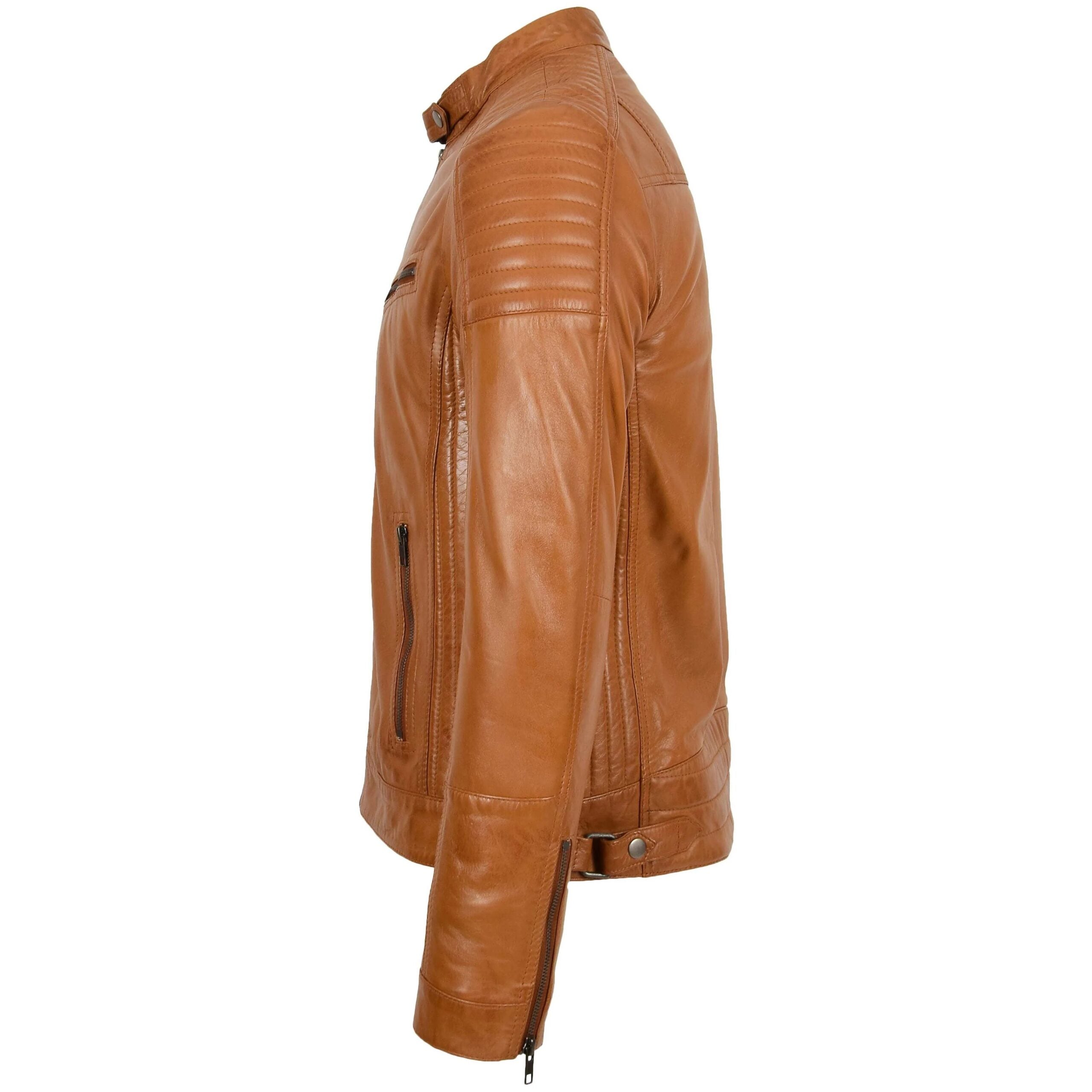 Mens Leather Cafe Racer Biker Jacket Dynamo Tan