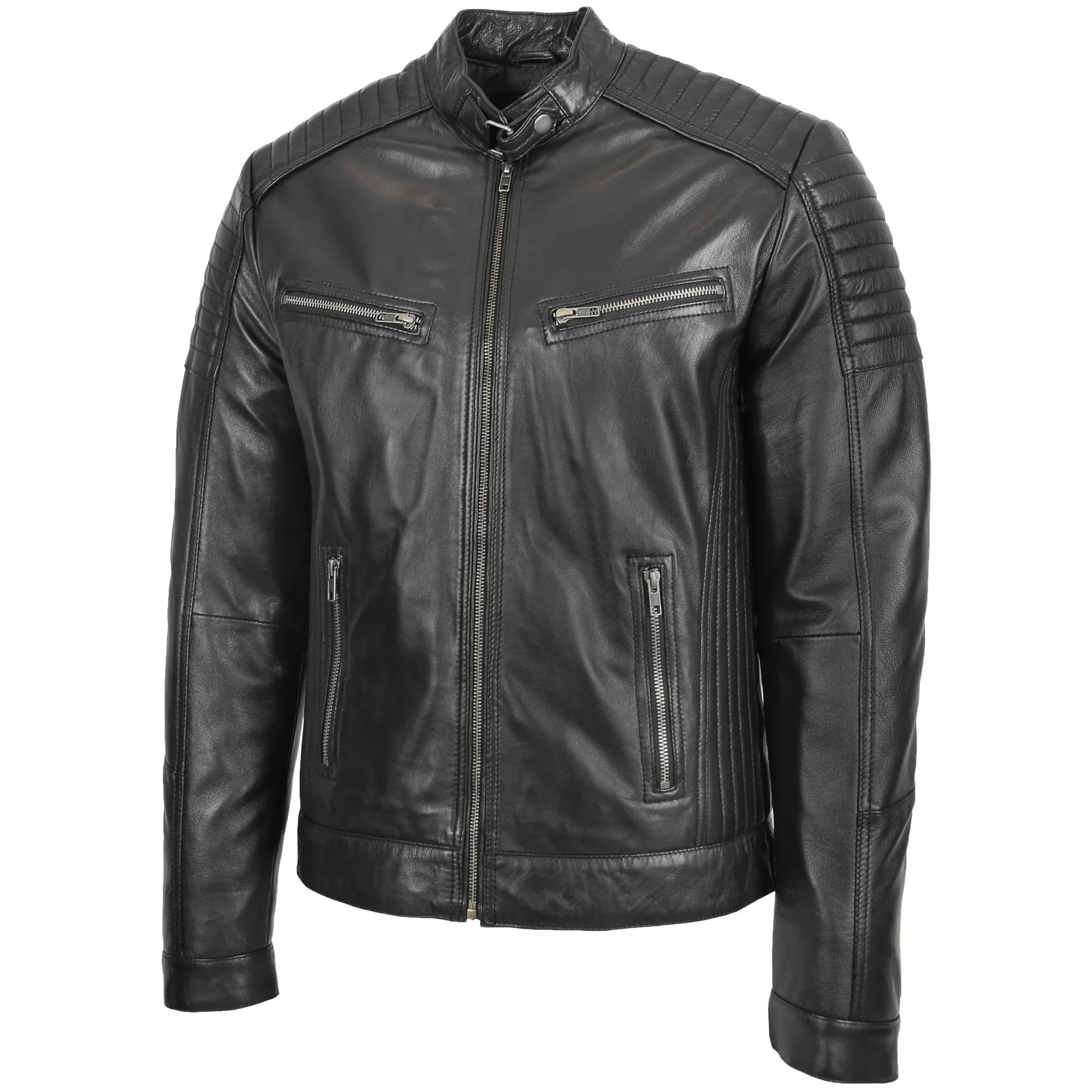 Mens Leather Cafe Racer Biker Jacket Ron Nova Black