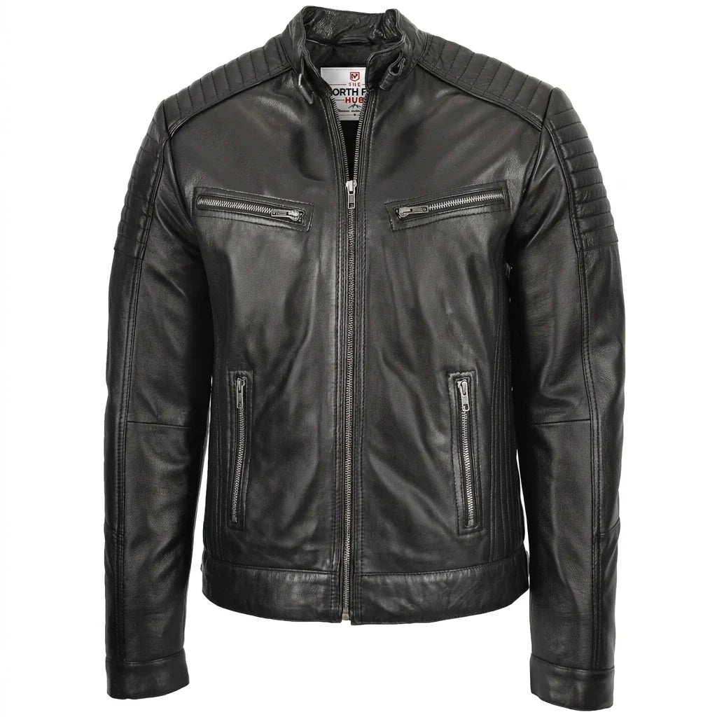 Mens Leather Cafe Racer Biker Jacket Ron Nova Black