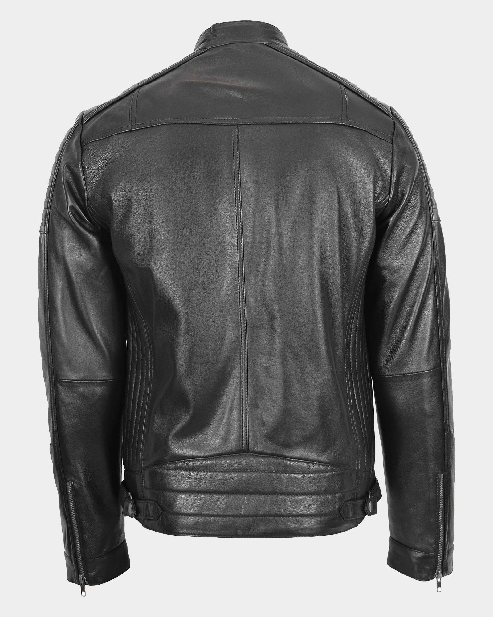 Mens Leather Cafe Racer Biker Jacket Ron Nova Black