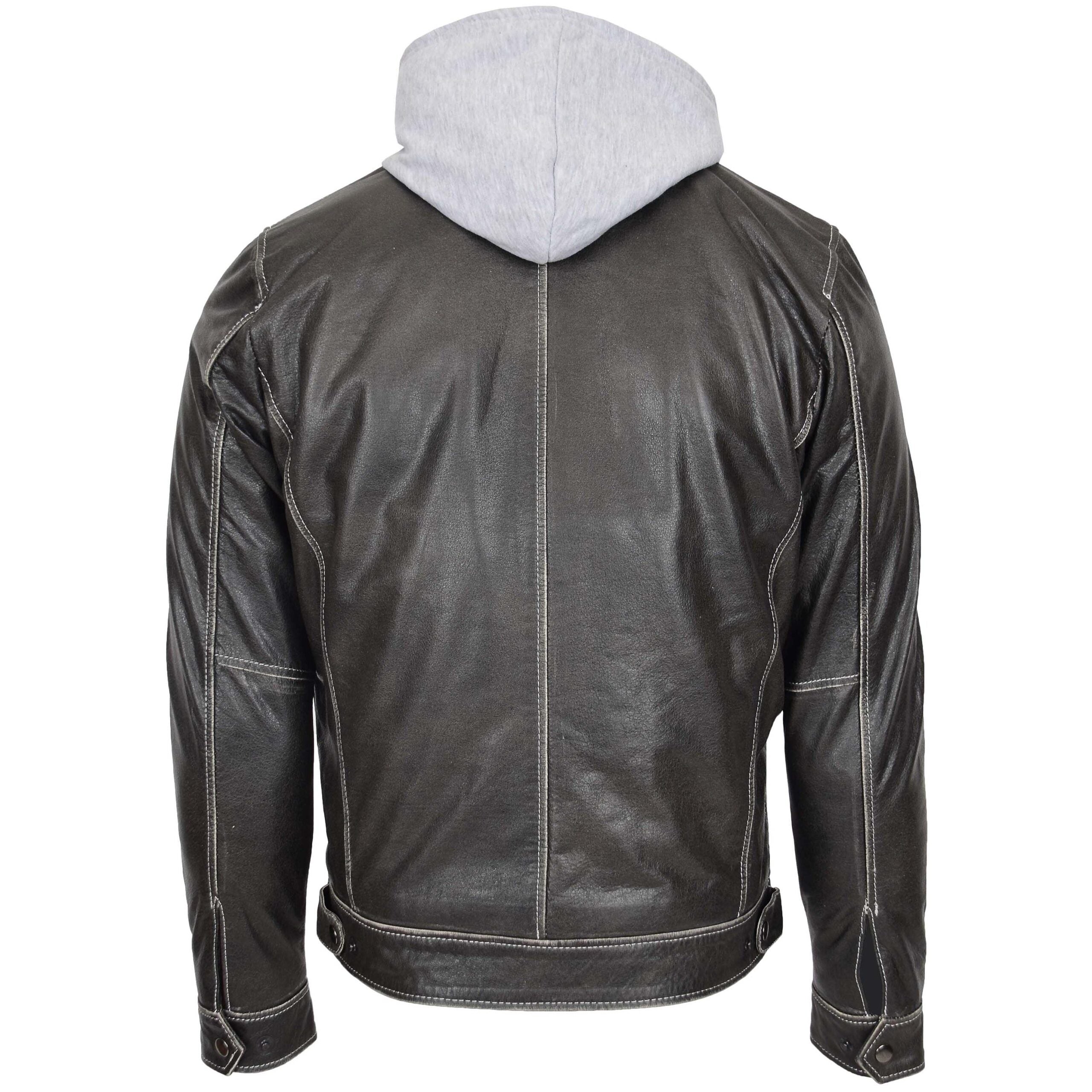 Mens Leather Detachable Hoodie Work Jacket Azure Grey