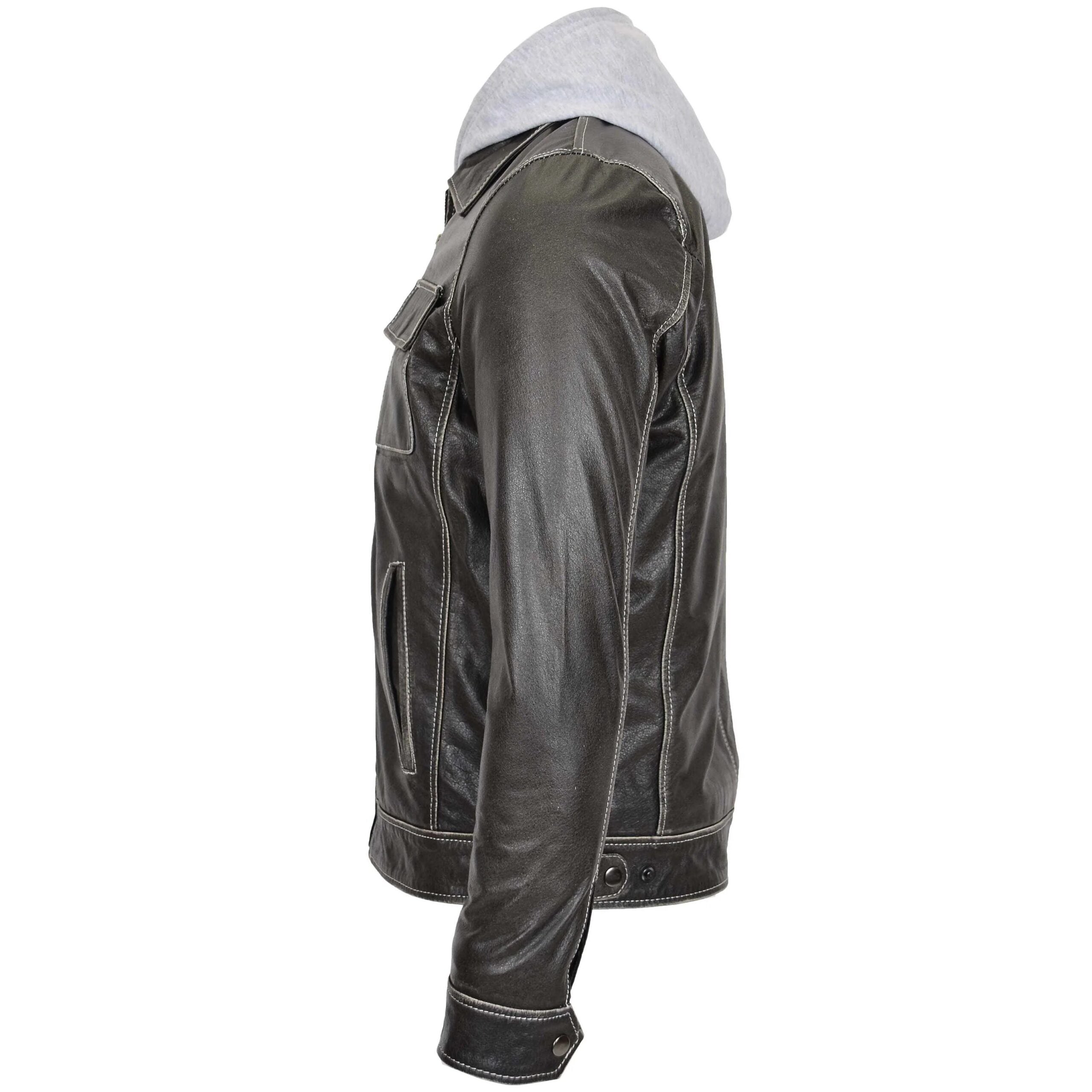 Mens Leather Detachable Hoodie Work Jacket Azure Grey