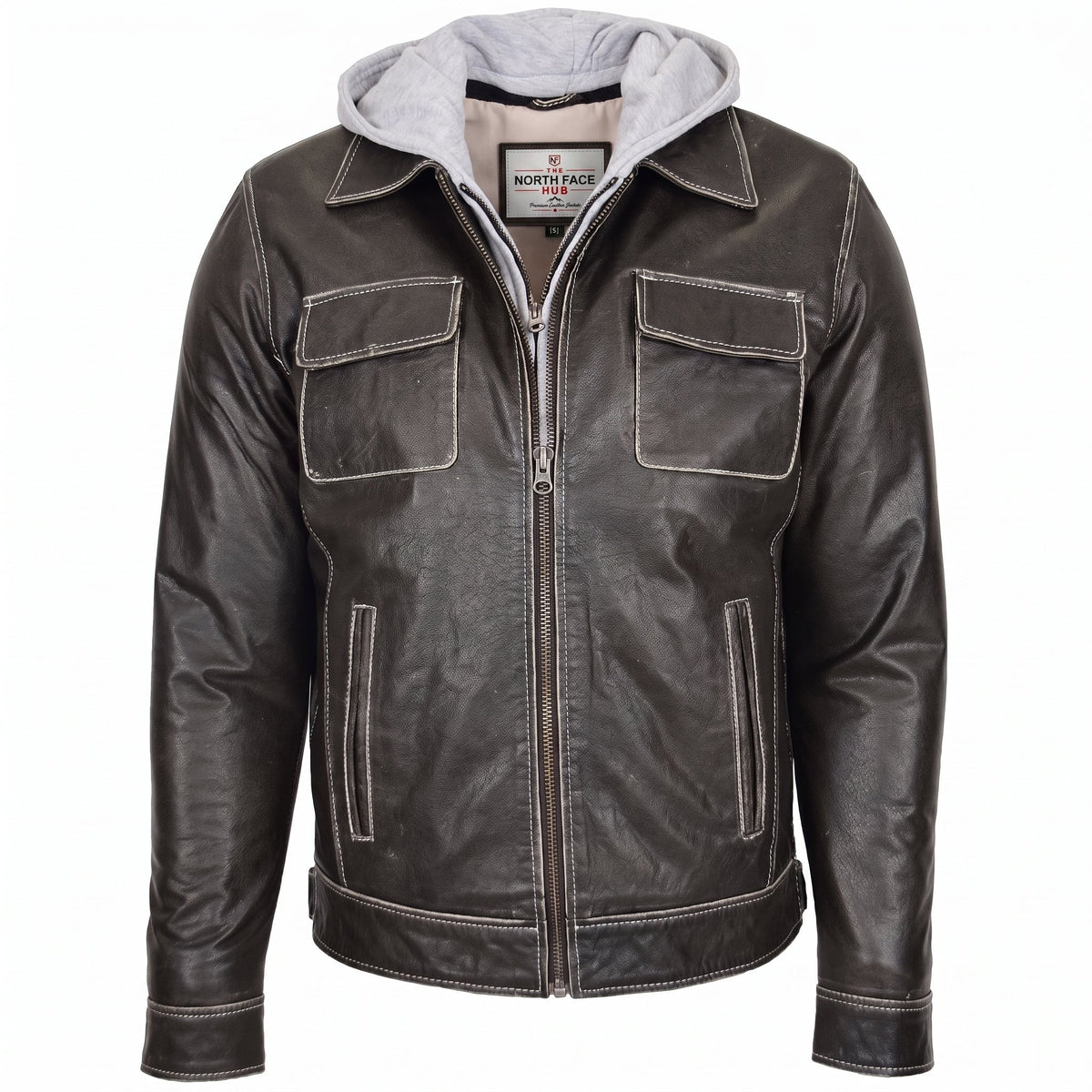 Mens Leather Detachable Hoodie Work Jacket Azure Grey