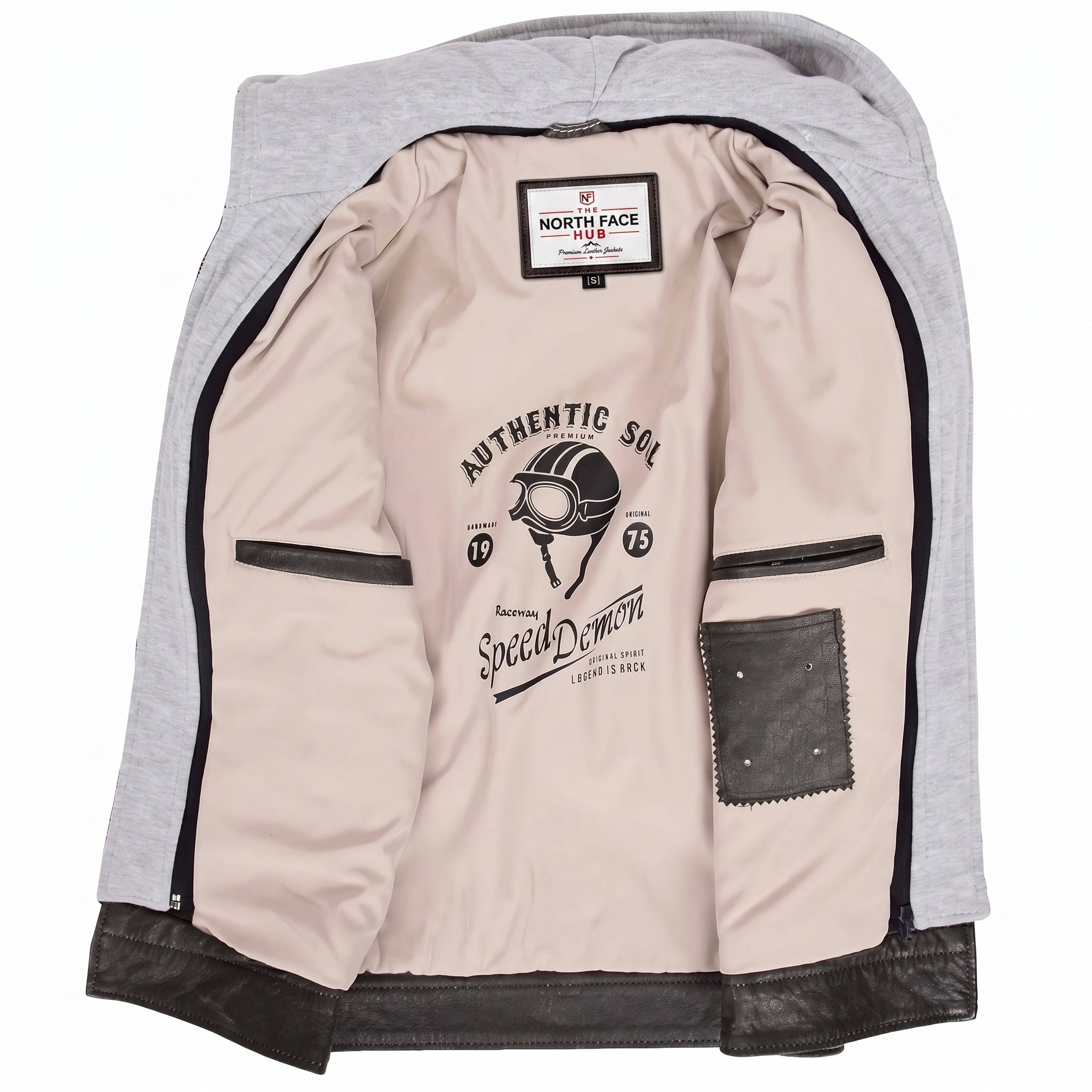 Mens Leather Detachable Hoodie Work Jacket Azure Grey