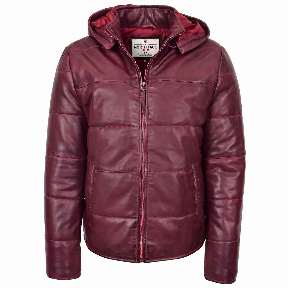 Mens Leather Hooded Puffer Jacket Infinite Burgundy