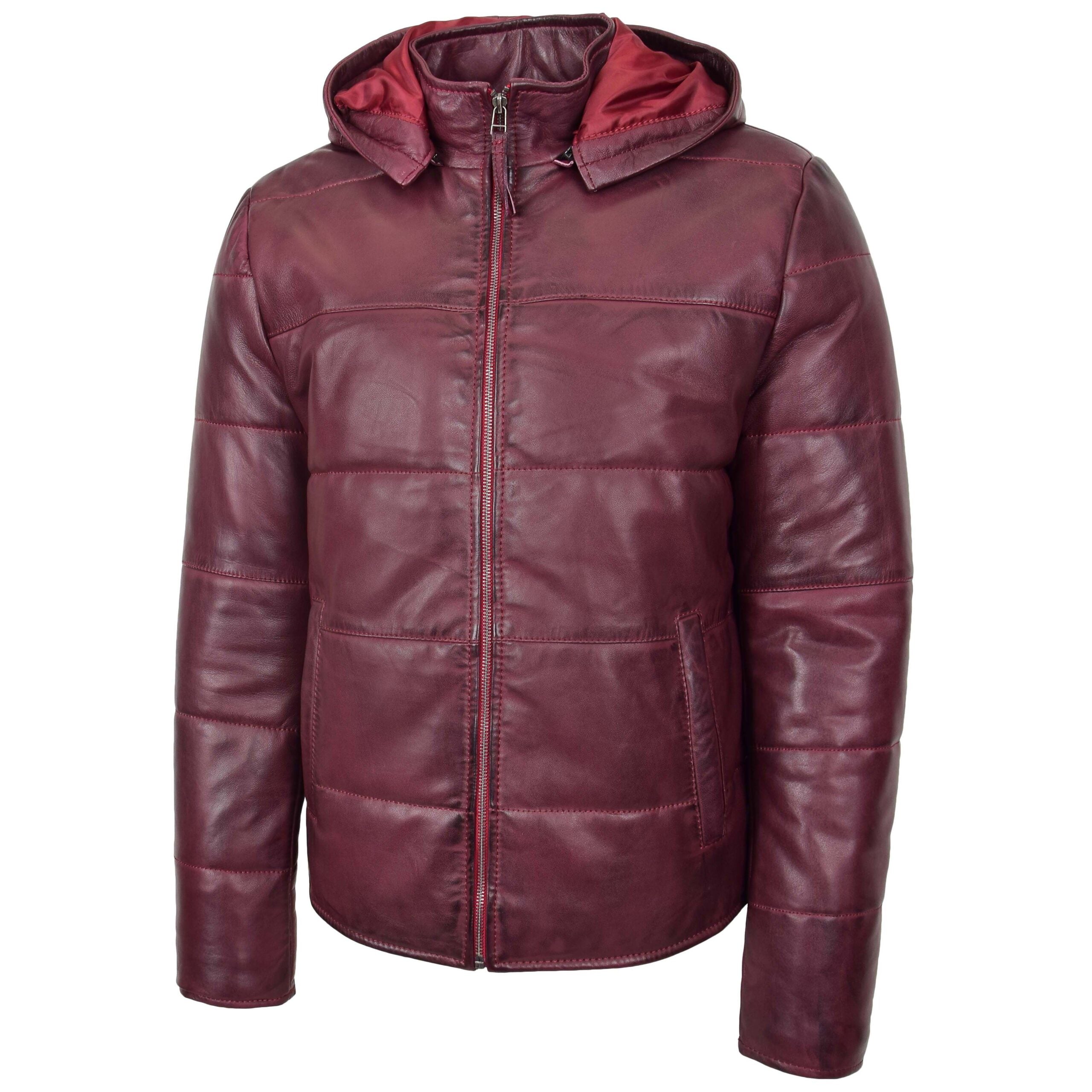 Mens Leather Hooded Puffer Jacket Infinite Burgundy