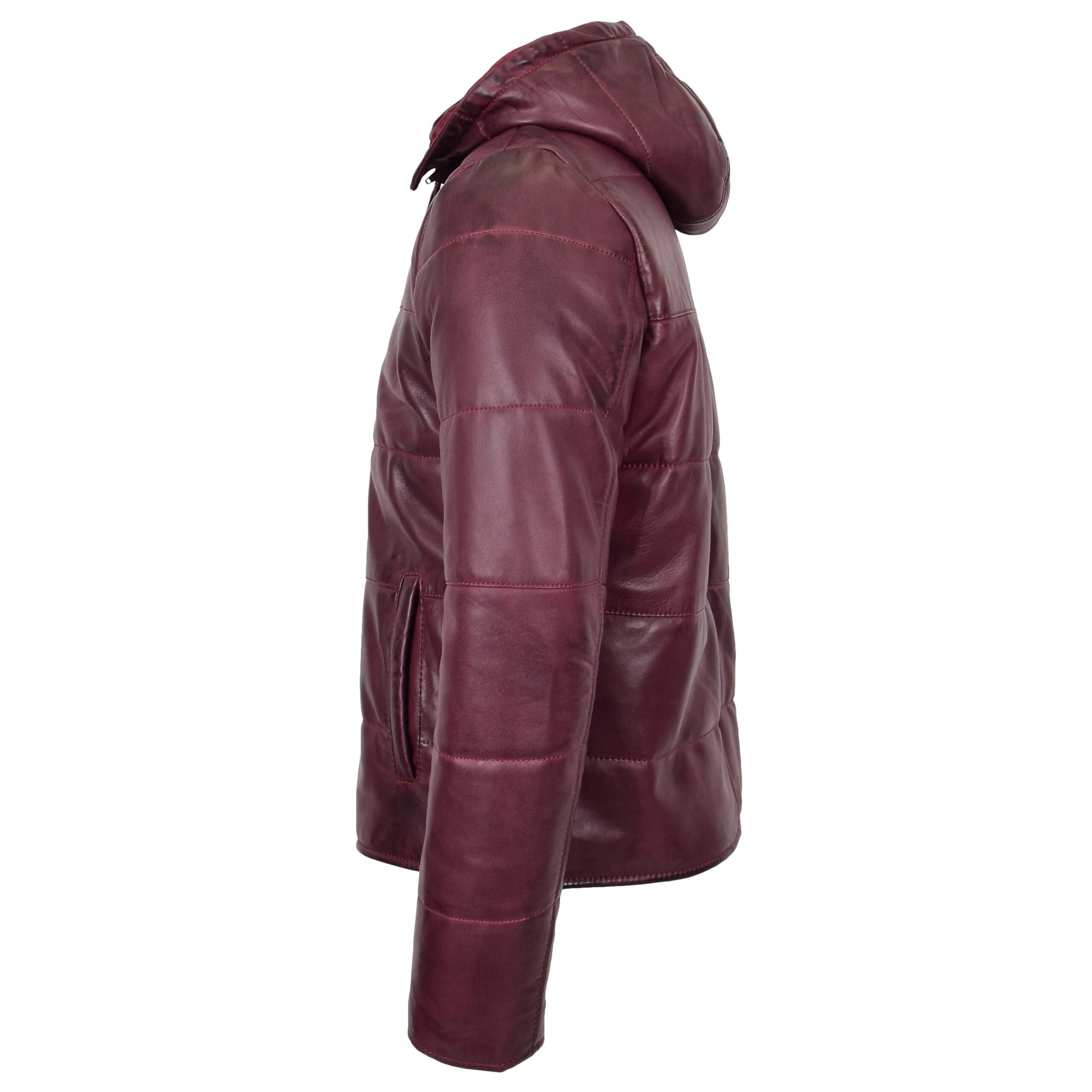 Mens Leather Hooded Puffer Jacket Infinite Burgundy