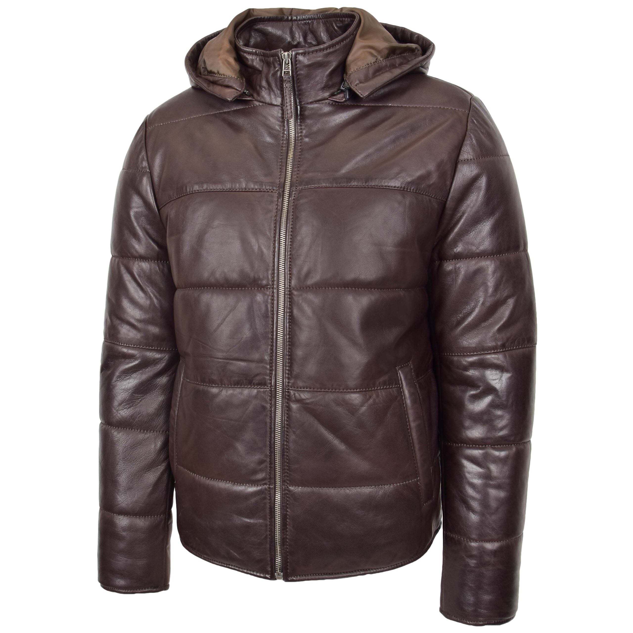 Mens Leather Hooded Puffer Jacket Zenith Brown