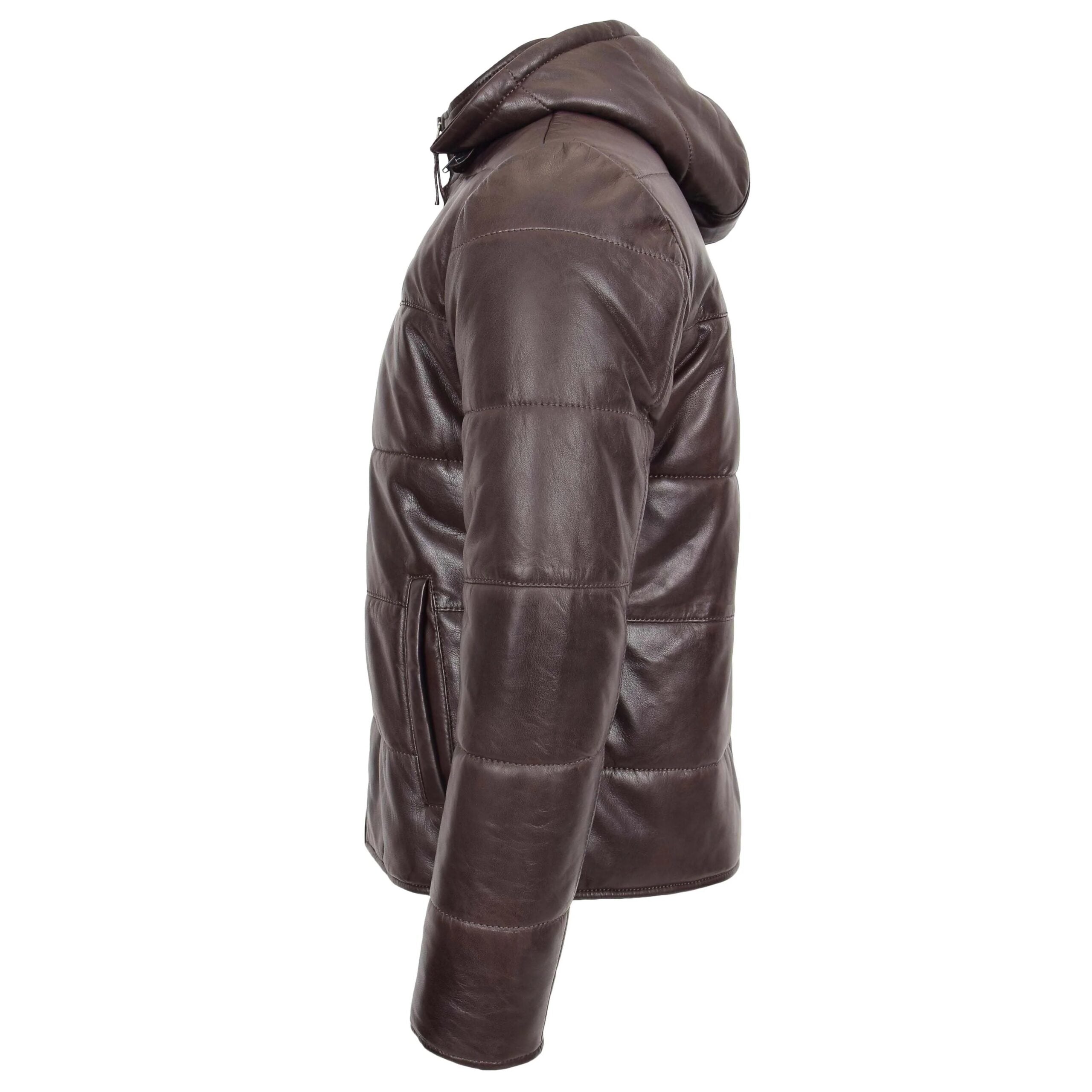 Mens Leather Hooded Puffer Jacket Zenith Brown