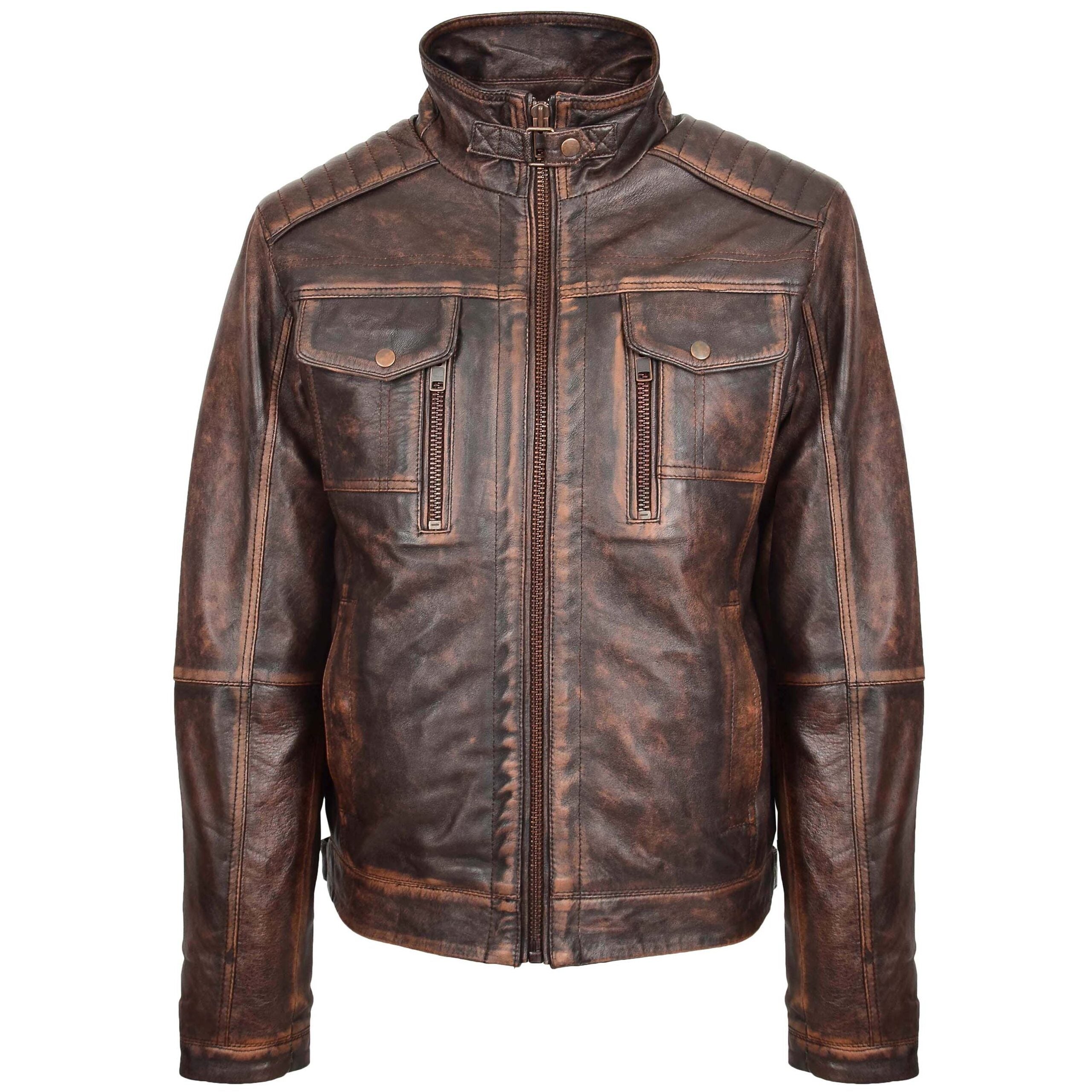 Mens Leather Urban Biker Style Jacket Hugo Zenith Brown Vintage