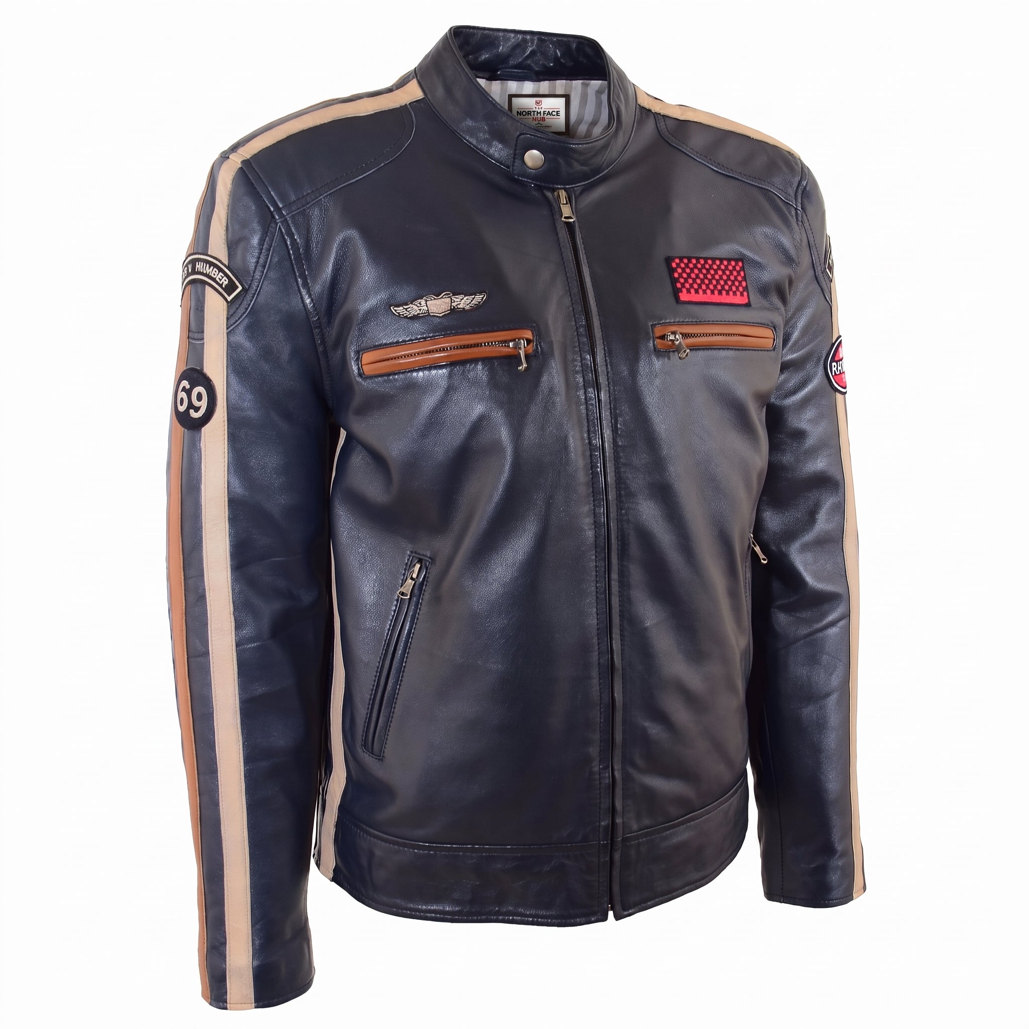 Mens Real Leather Biker Jacket Cafe Racer Style Badges TRON Luna Navy