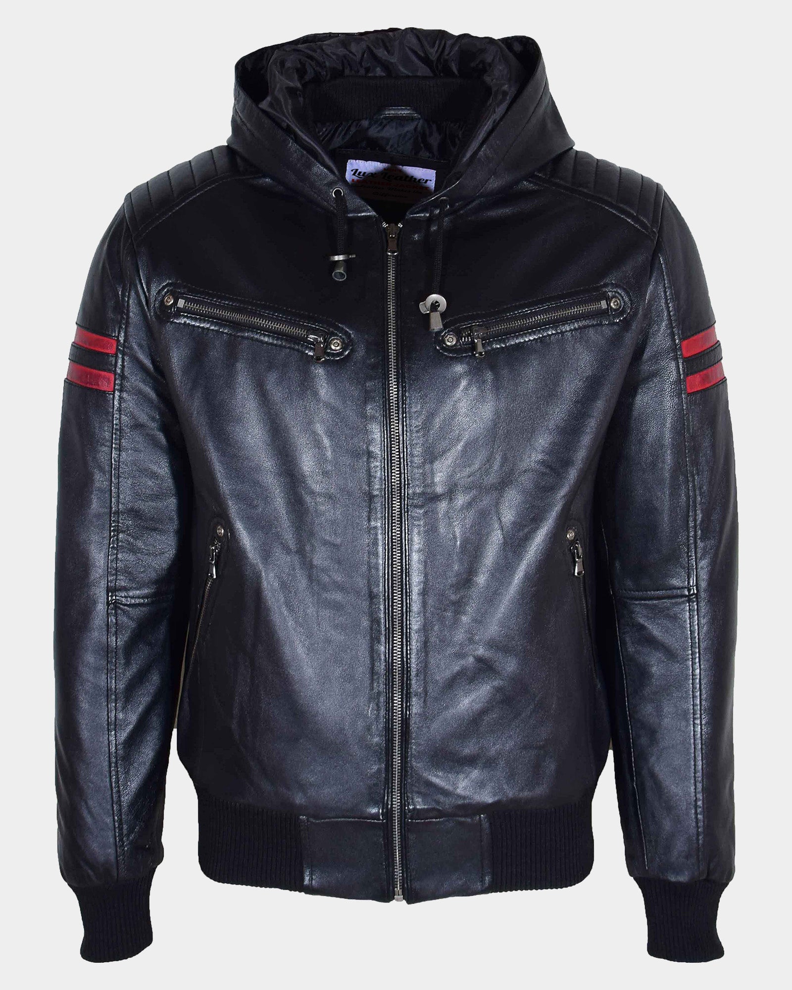 Mens Real Leather Bomber Zip Jacket Hooded RAMMY Nova Black