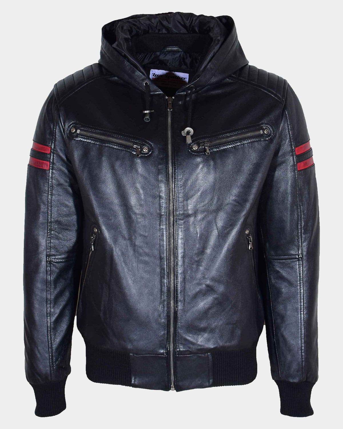 Mens Real Leather Bomber Zip Jacket Hooded RAMMY Nova Black
