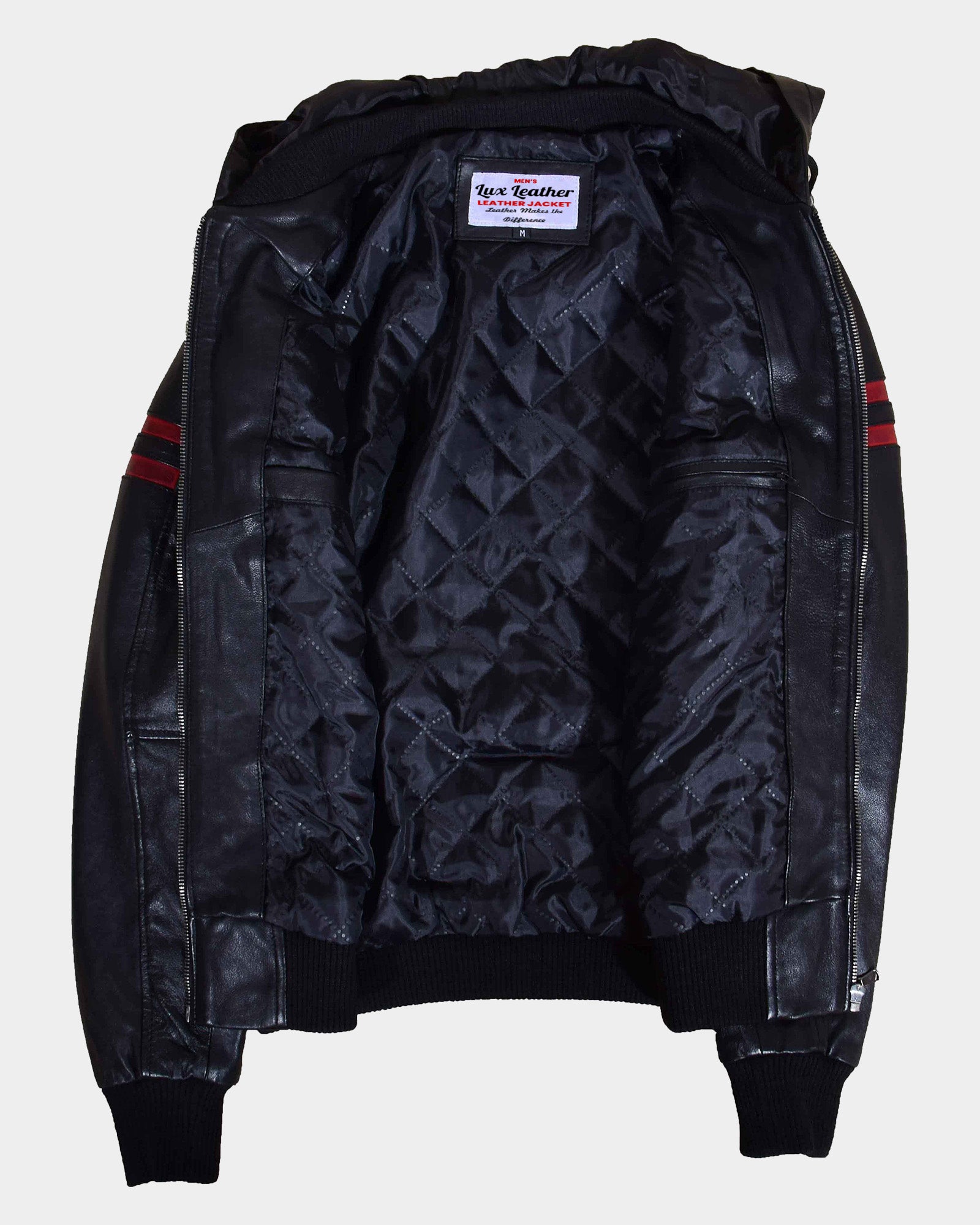 Mens Real Leather Bomber Zip Jacket Hooded RAMMY Nova Black