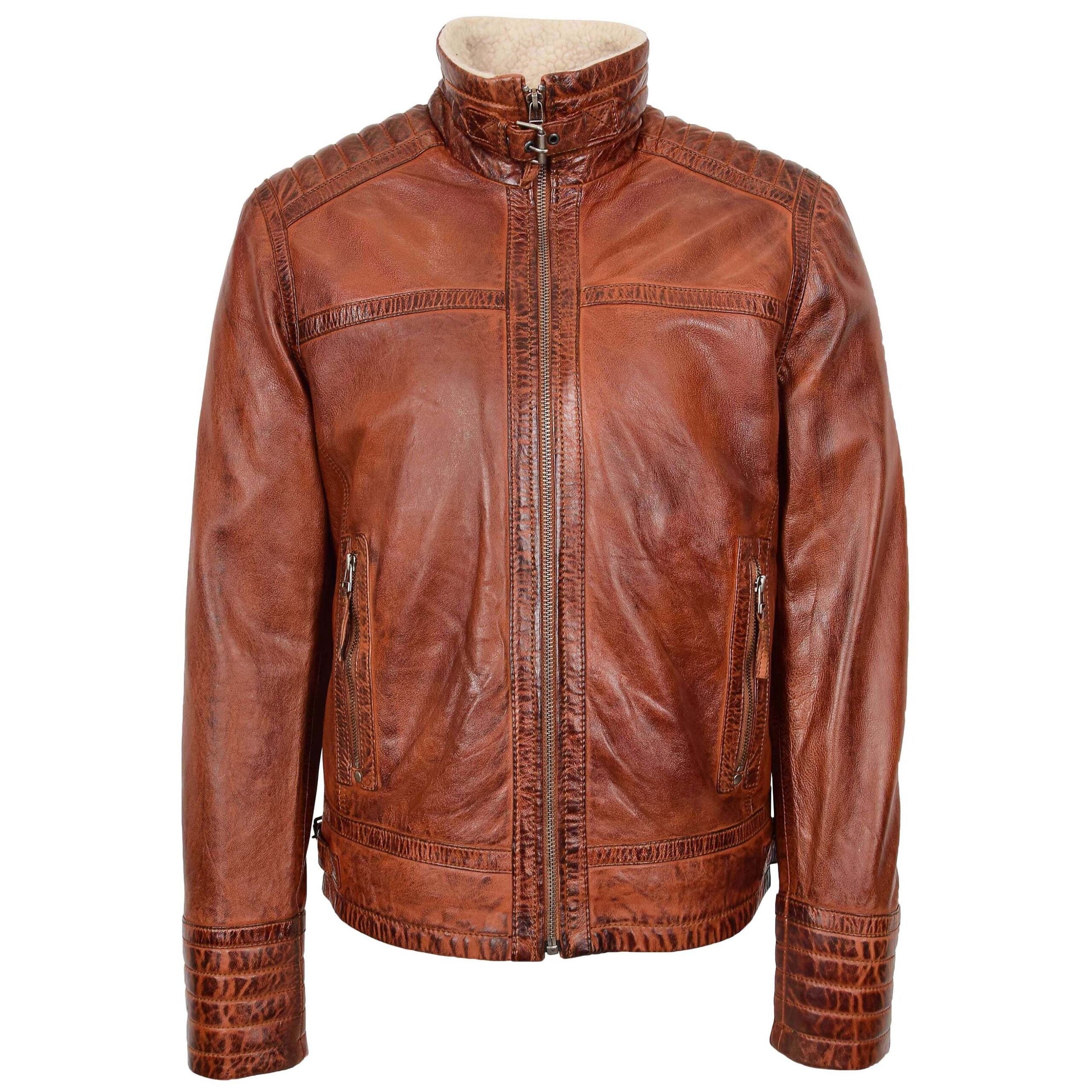 Mens Real Leather Sherpa Lined Jacket Alfie Zenith Brown