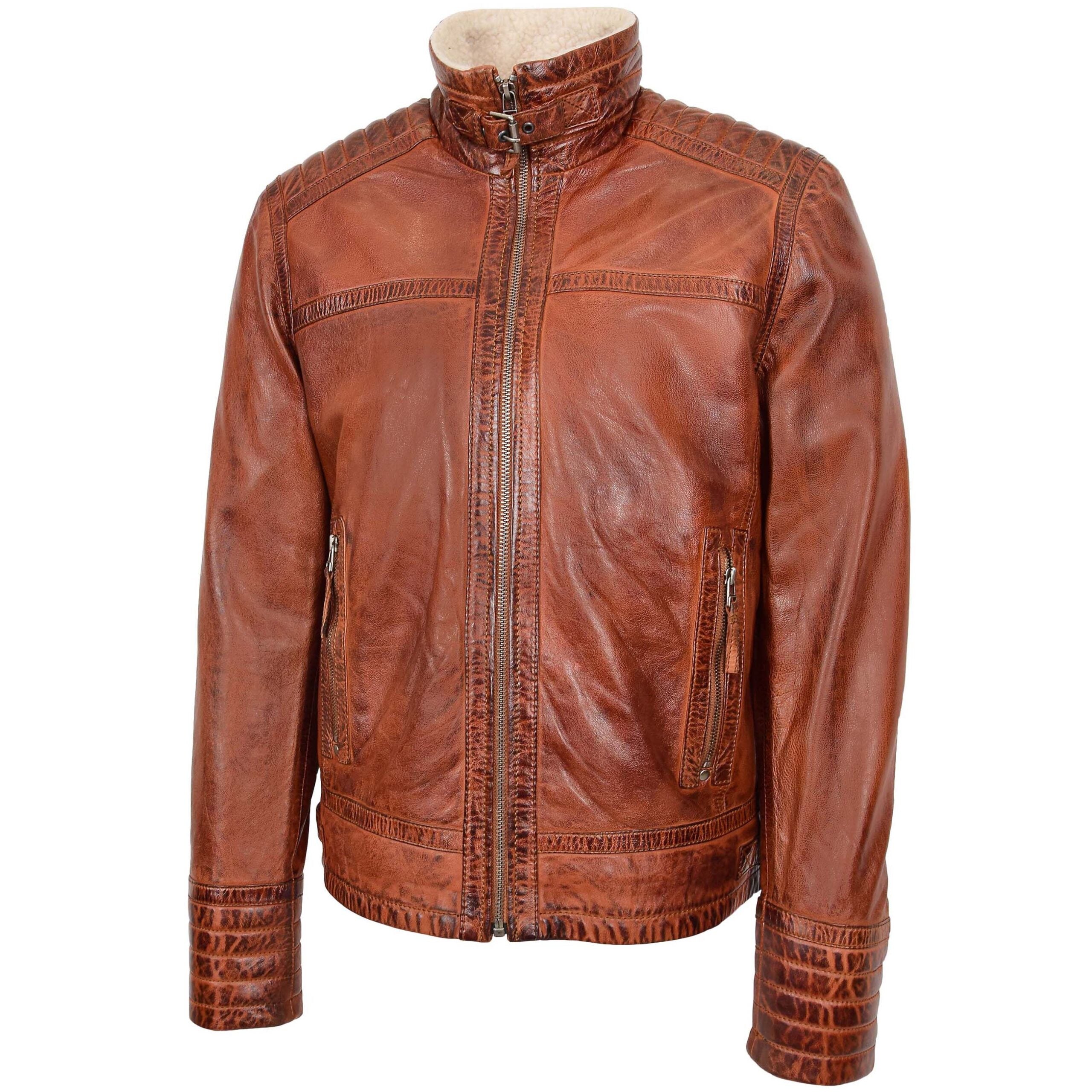 Mens Real Leather Sherpa Lined Jacket Alfie Zenith Brown