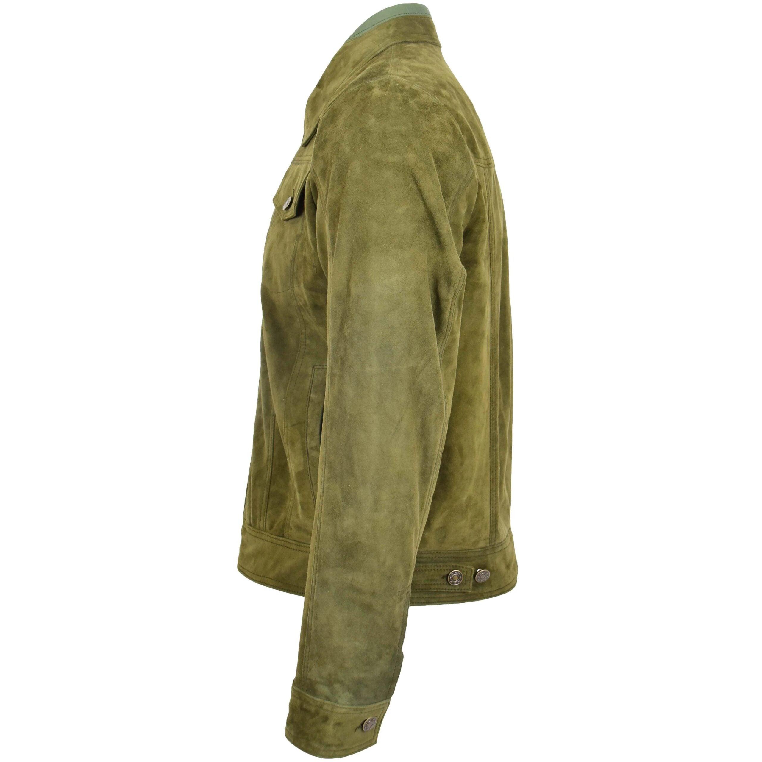 Mens Real Suede Trucker Harrington Jacket Daryl Aurora Green