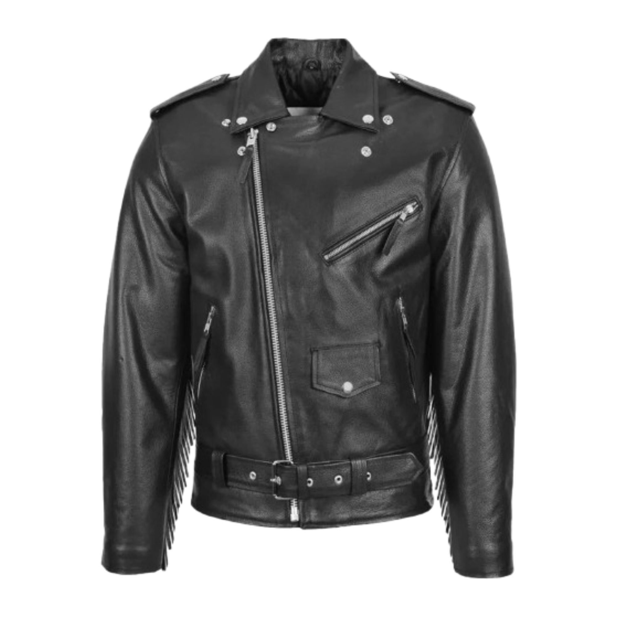 Mens Black Obsidian Night Fringe Belted Biker Leather Jacket
