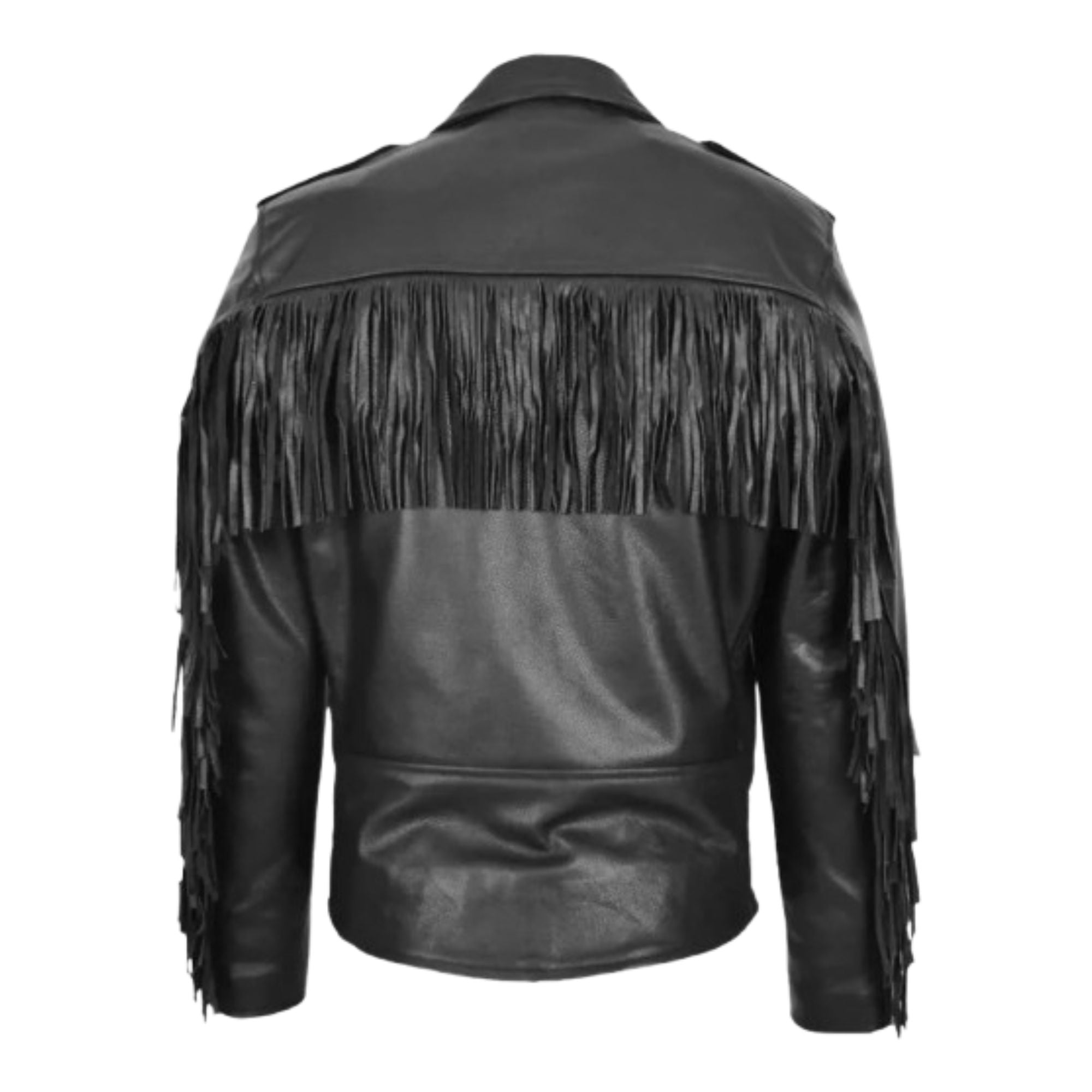 Mens Black Obsidian Night Fringe Belted Biker Leather Jacket