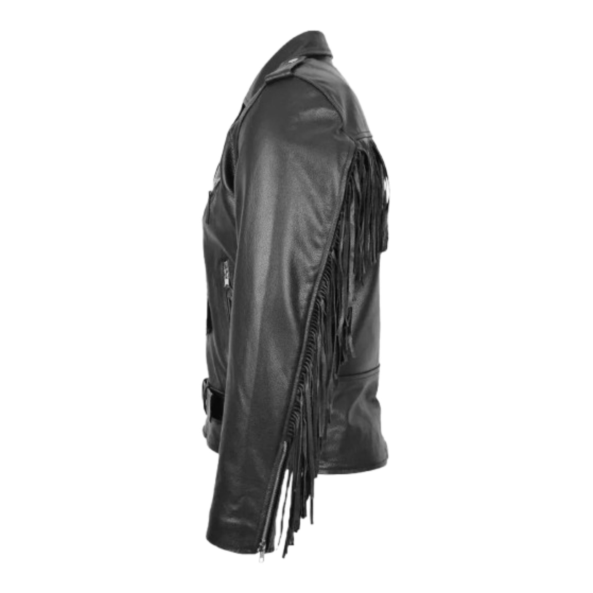 Mens Black Obsidian Night Fringe Belted Biker Leather Jacket