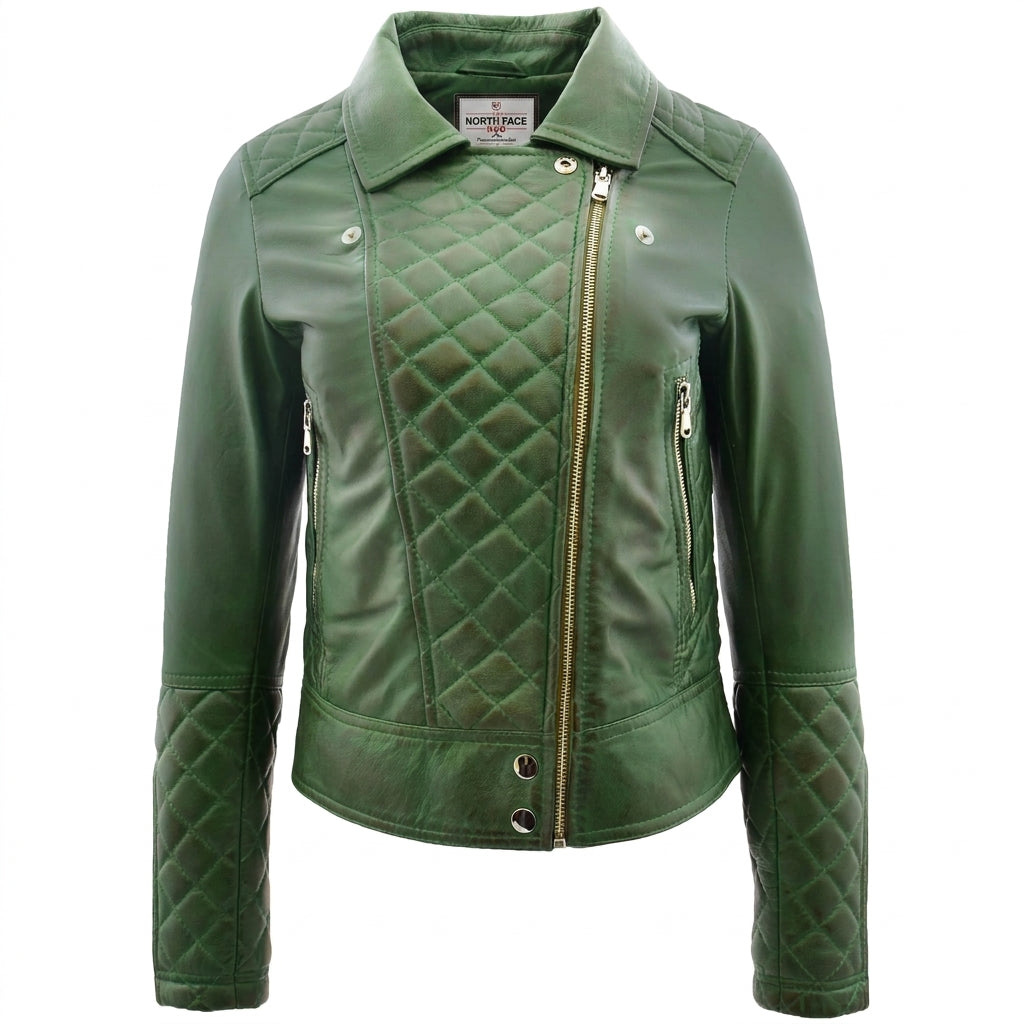 Womens Leather Biker Jacket with Quilt Detail Aurora Green