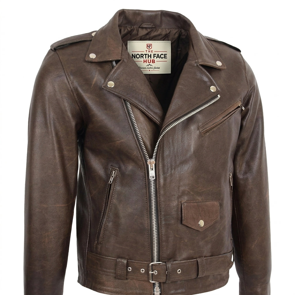Mens Heavy Duty Leather Biker Brando Jacket Zenith Brown