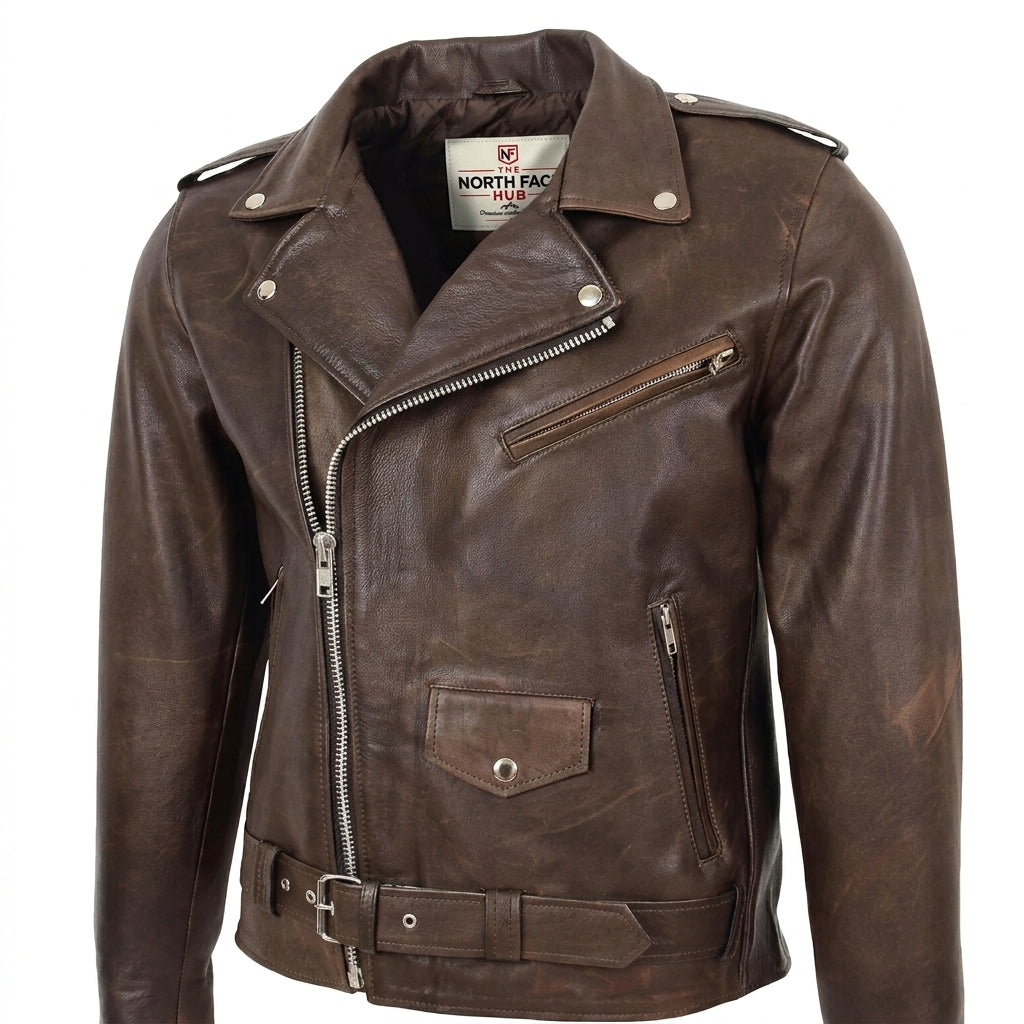 Mens Heavy Duty Leather Biker Brando Jacket Zenith Brown